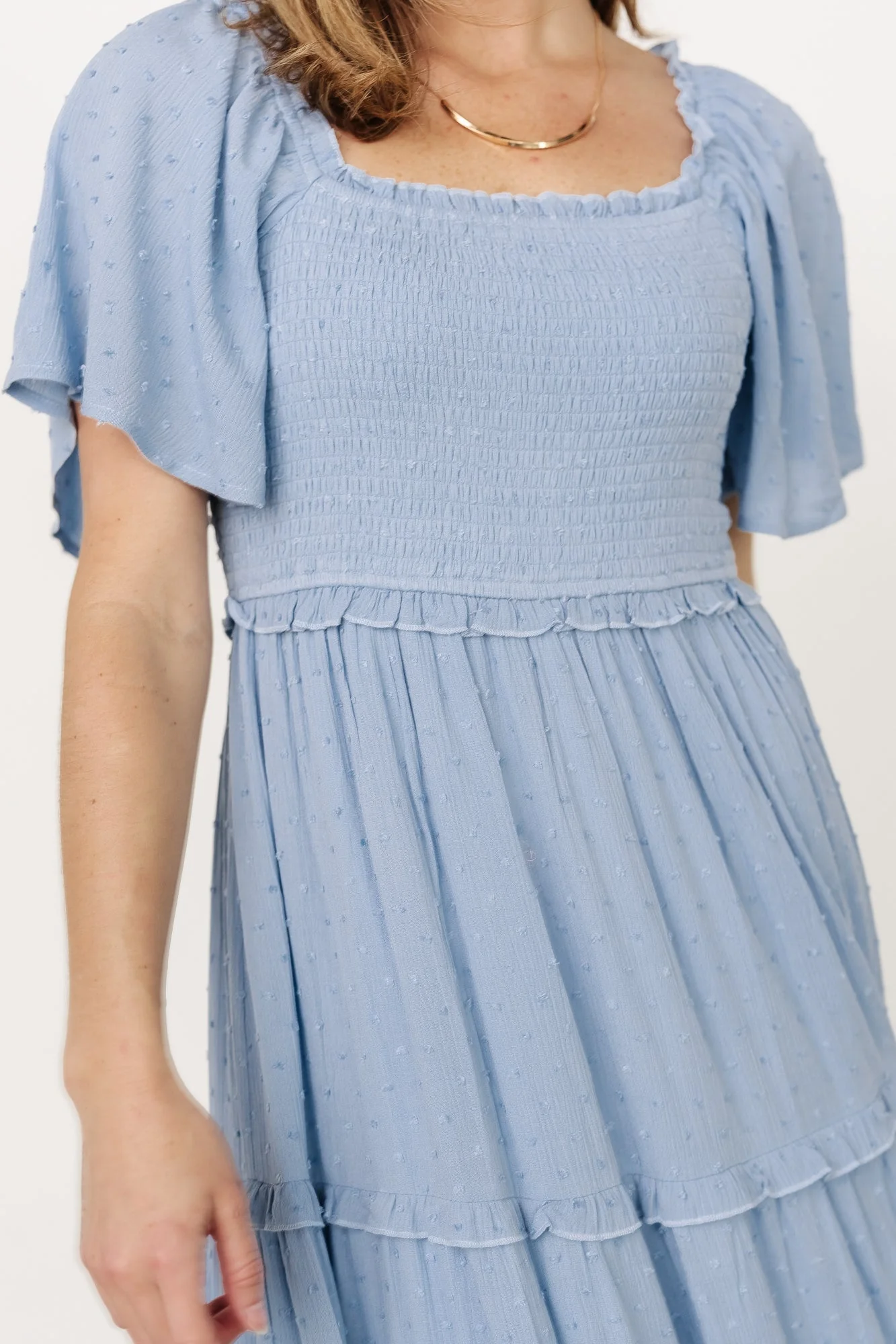 Lenora Smocked Dotted Maxi Dress | Dusty Blue - Jamouz