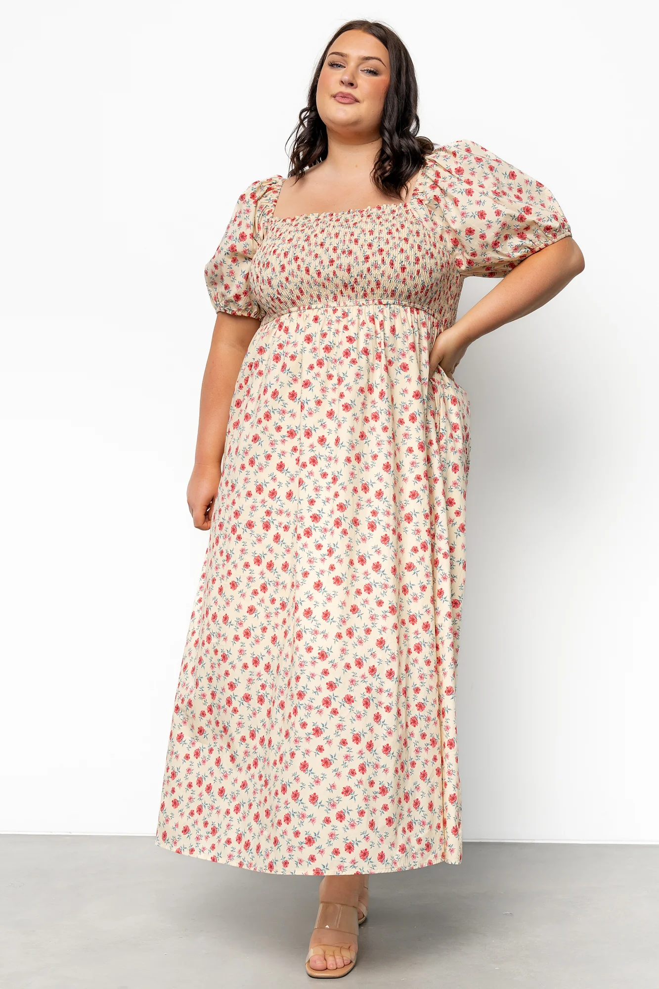 Haddie Smocked Midi Dress | Cream + Rose Floral - Jamouz