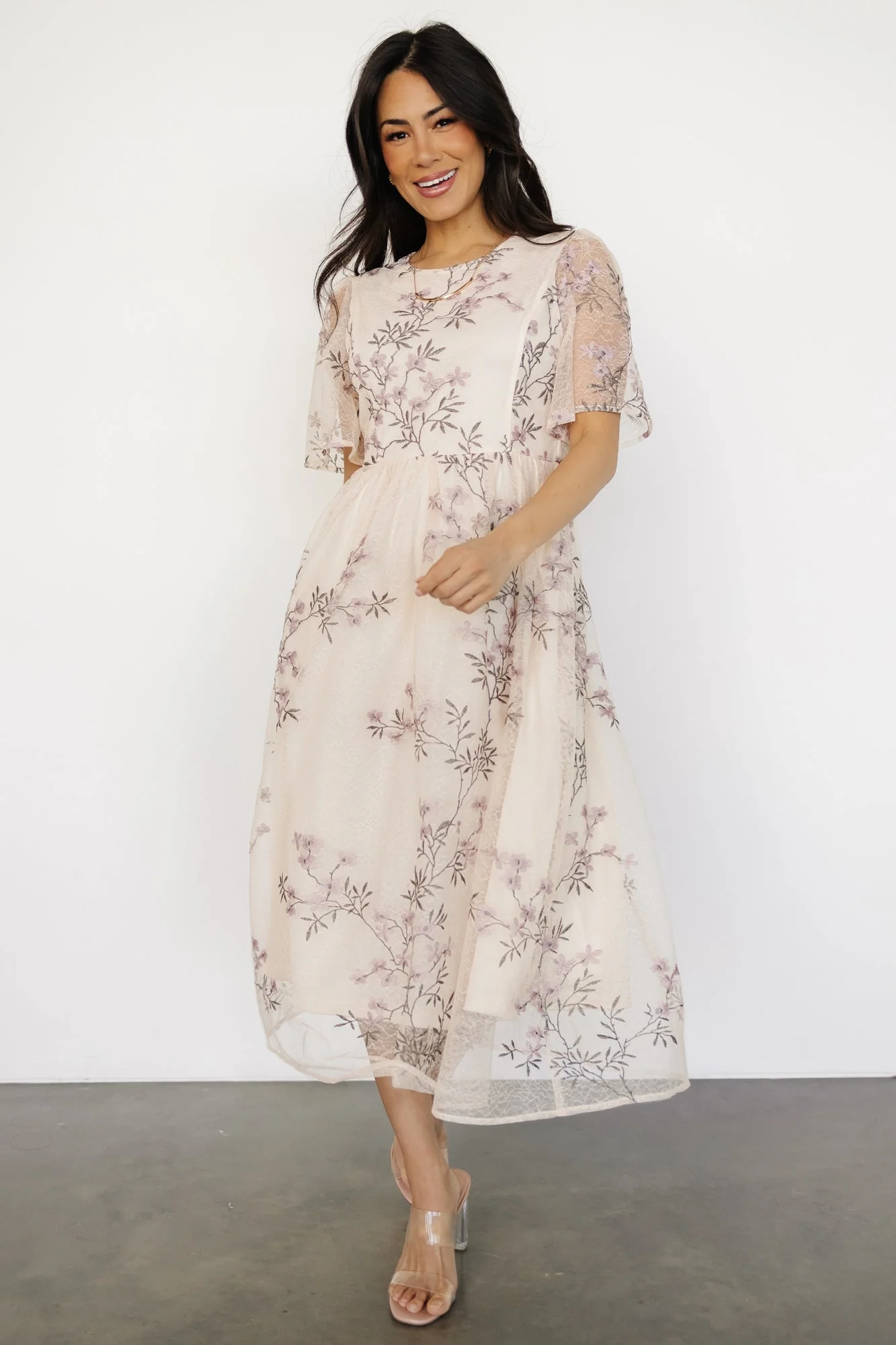 Ashlee Embroidered Midi Dress | Cream + Lavender Floral - Jamouz