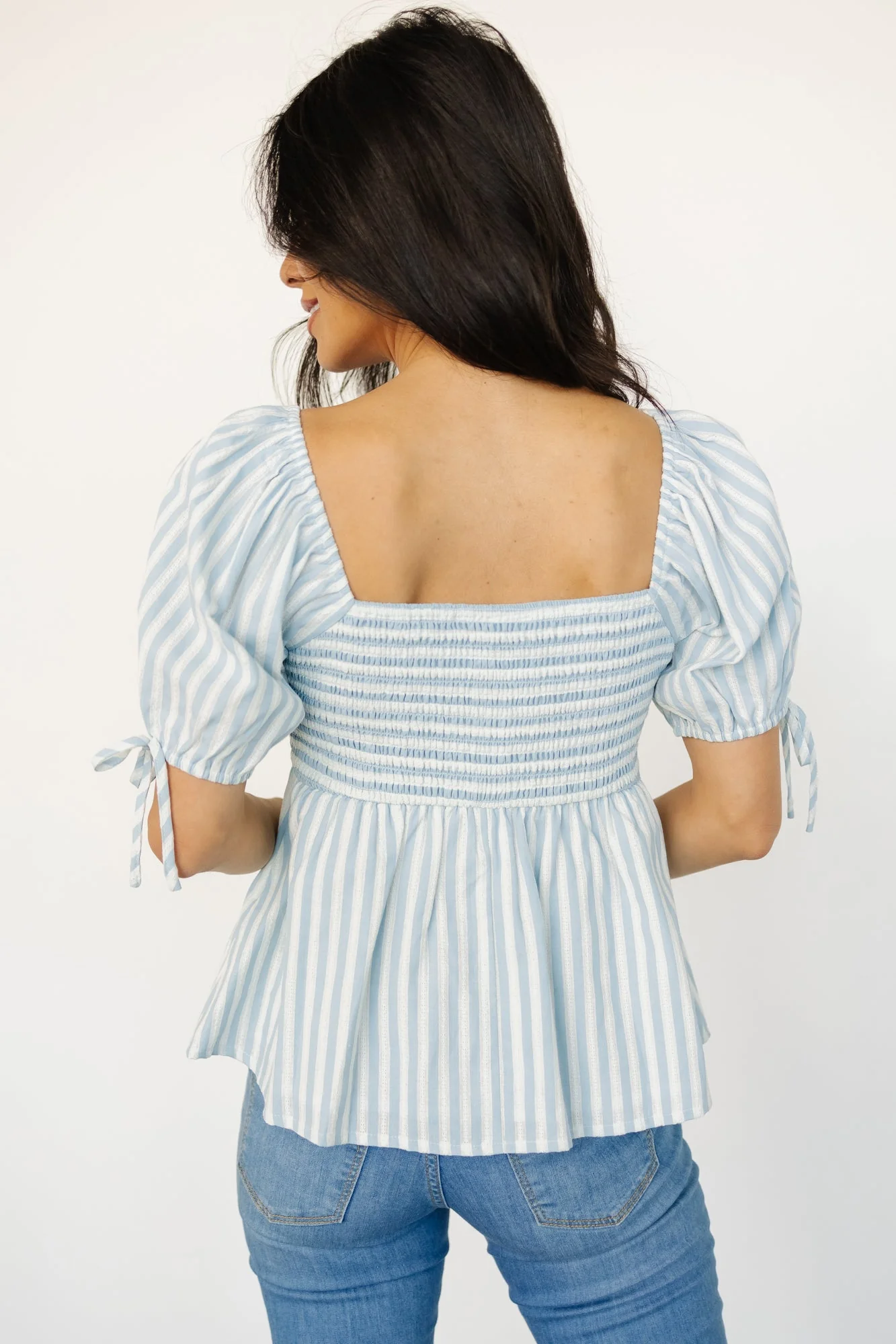 Betsy Peplum Top | Blue + White Stripe - Jamouz