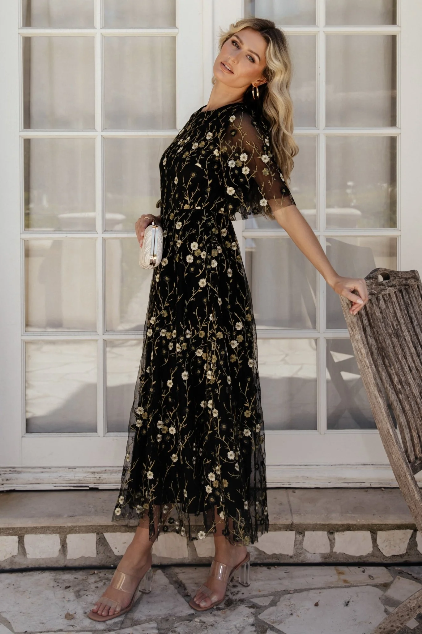 Arabella Embroidered Tulle Maxi Dress | Gold + Black - Jamouz