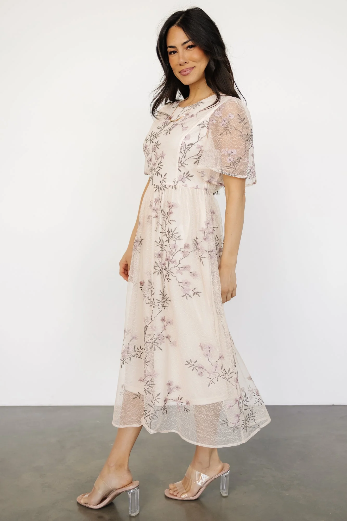 Ashlee Embroidered Midi Dress | Cream + Lavender Floral - Jamouz
