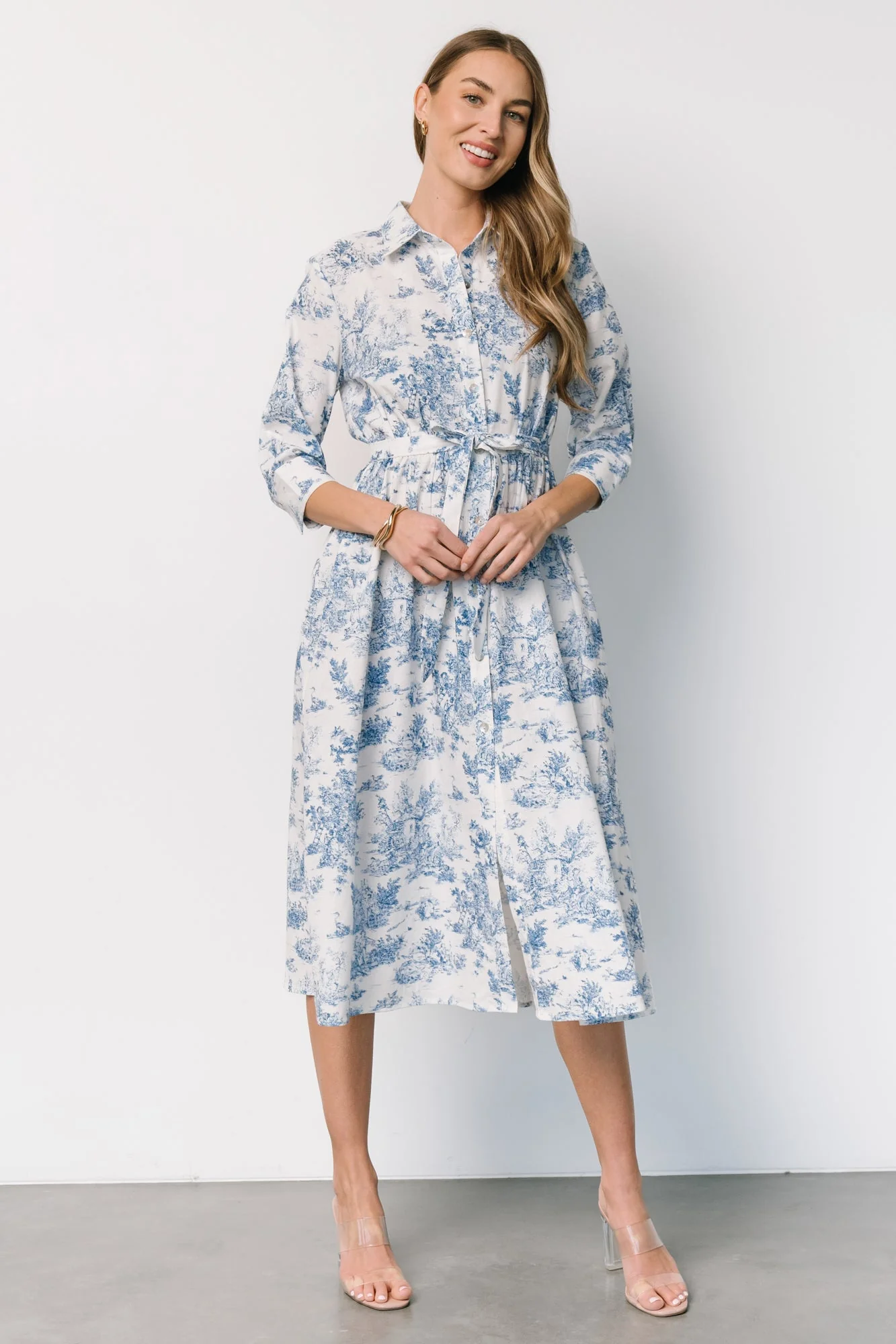 Chantelle Button Midi Dress | Off White + Blue Print - Jamouz
