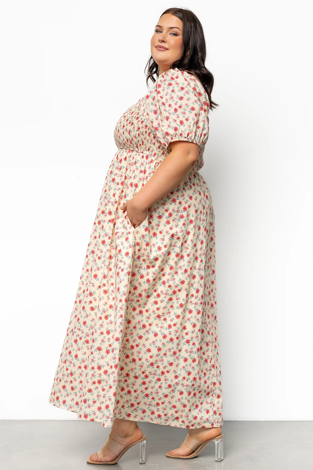 Haddie Smocked Midi Dress | Cream + Rose Floral - Jamouz