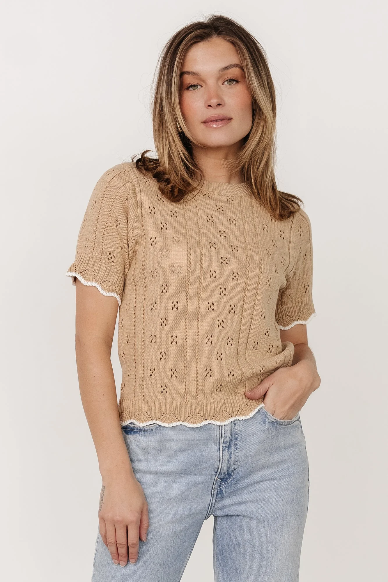Britt Pointelle Knit Top | Natural + Ivory - Jamouz