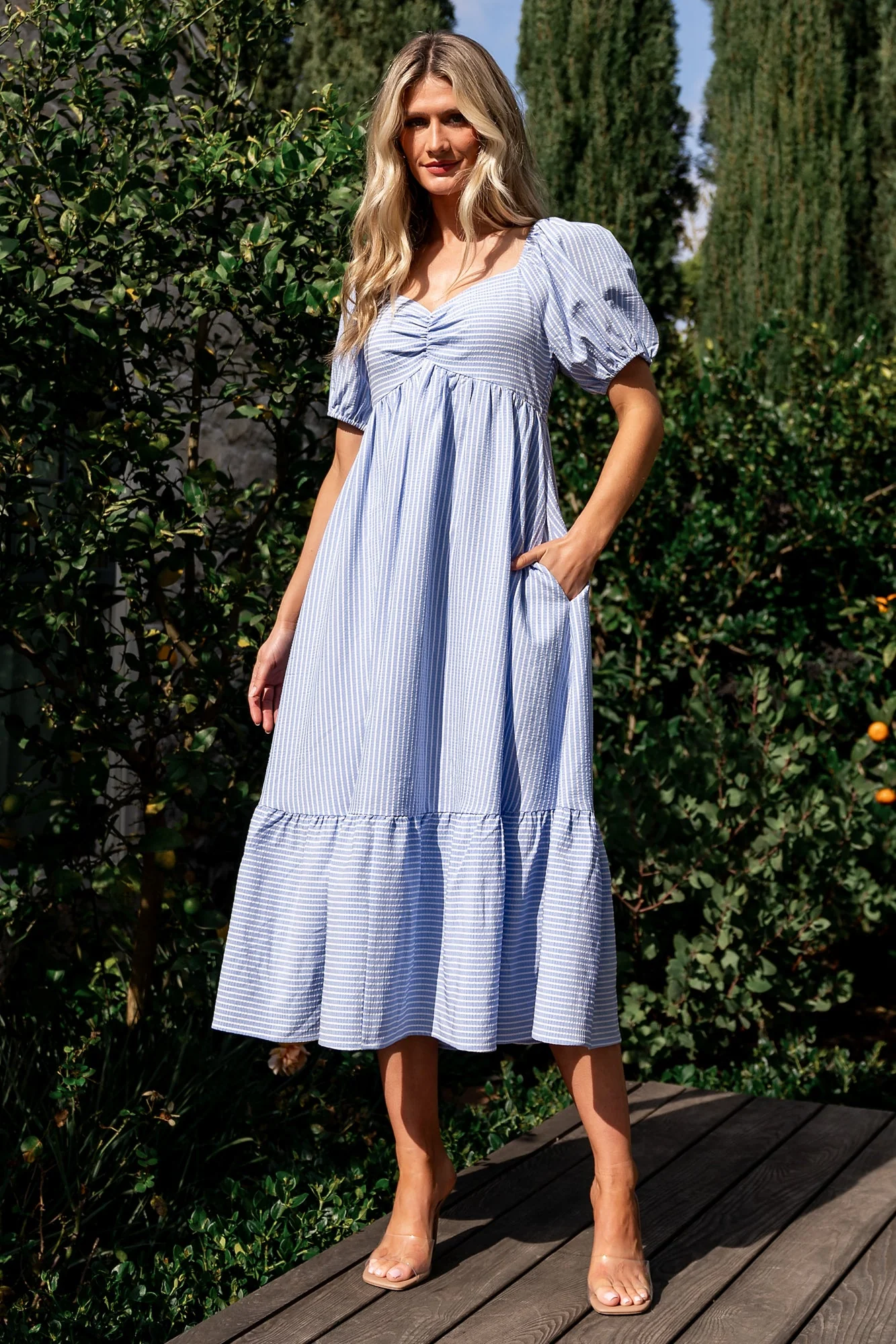 Poppy Midi Dress | Blue + Off White - Jamouz