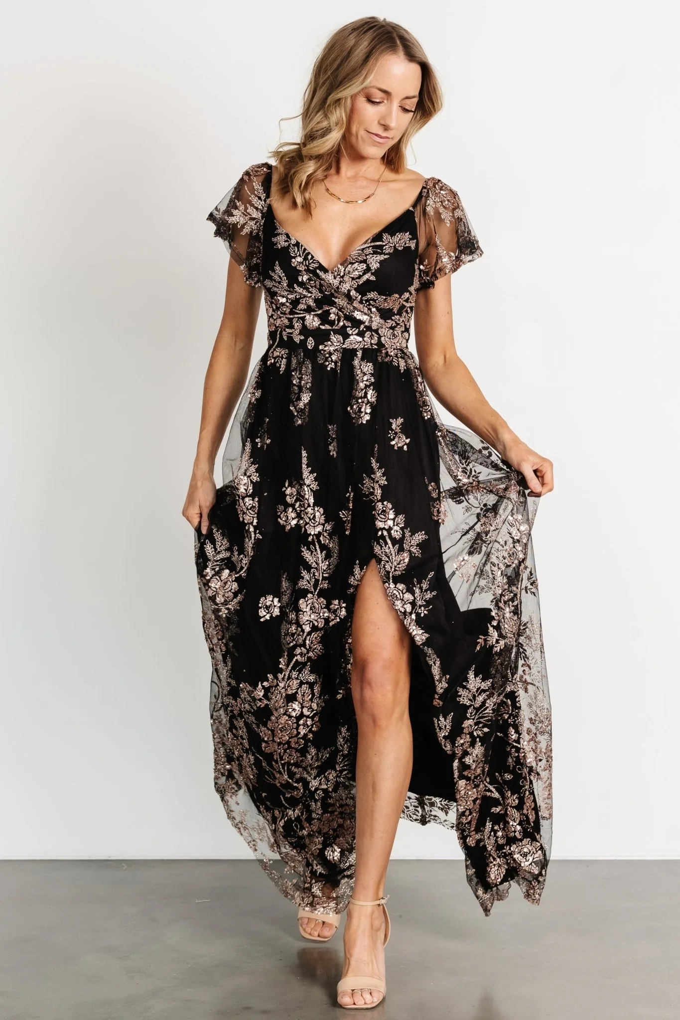 Corinne Shimmer Maxi Gown | Black + Rose Gold - Jamouz
