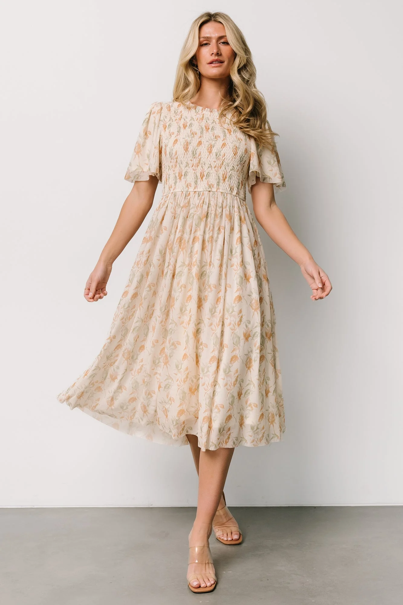 Bailey Smocked Midi Dress | Ivory + Golden Floral - Jamouz