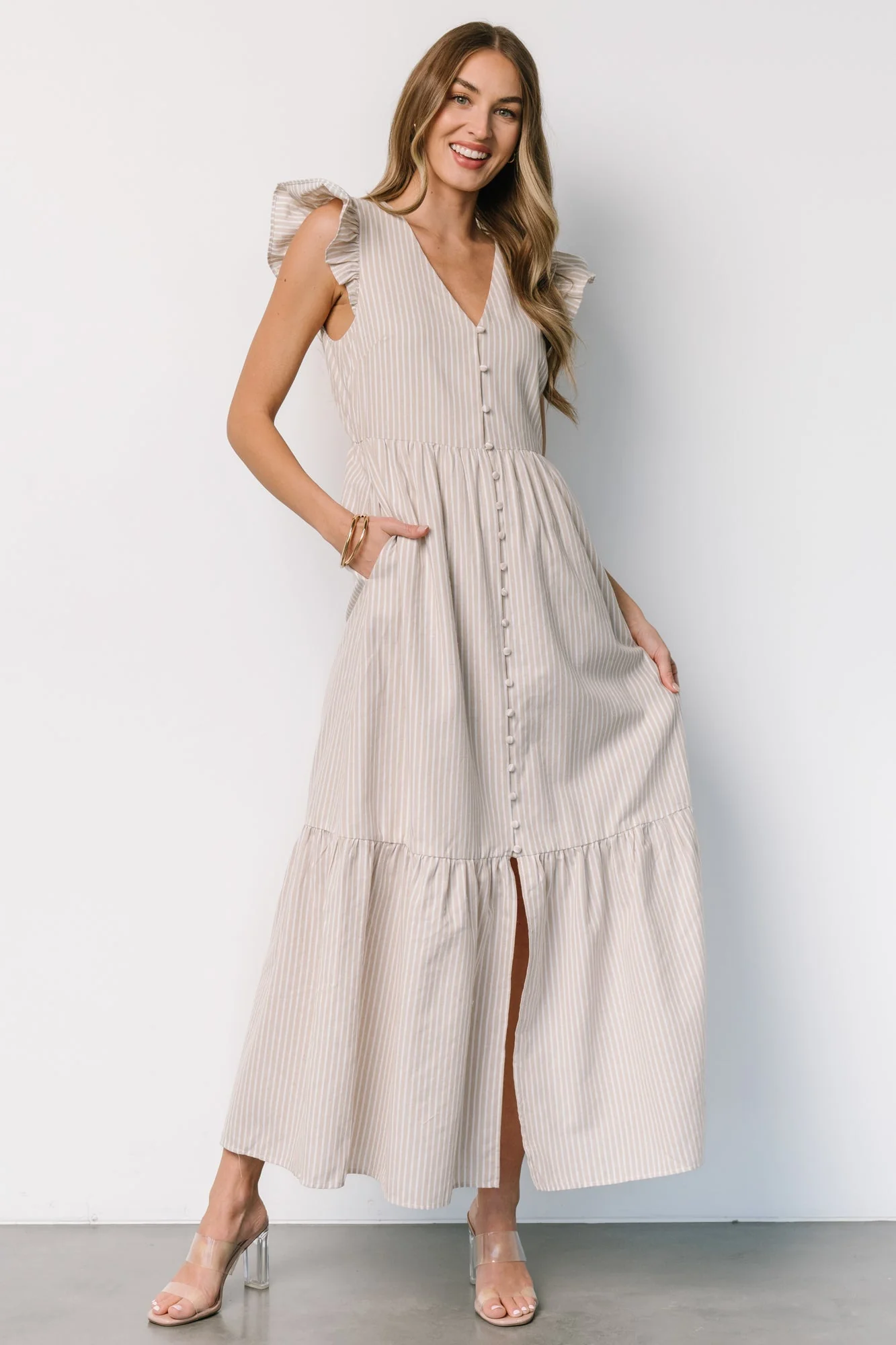 Hettie Button Maxi Dress | Beige Stripe - Jamouz