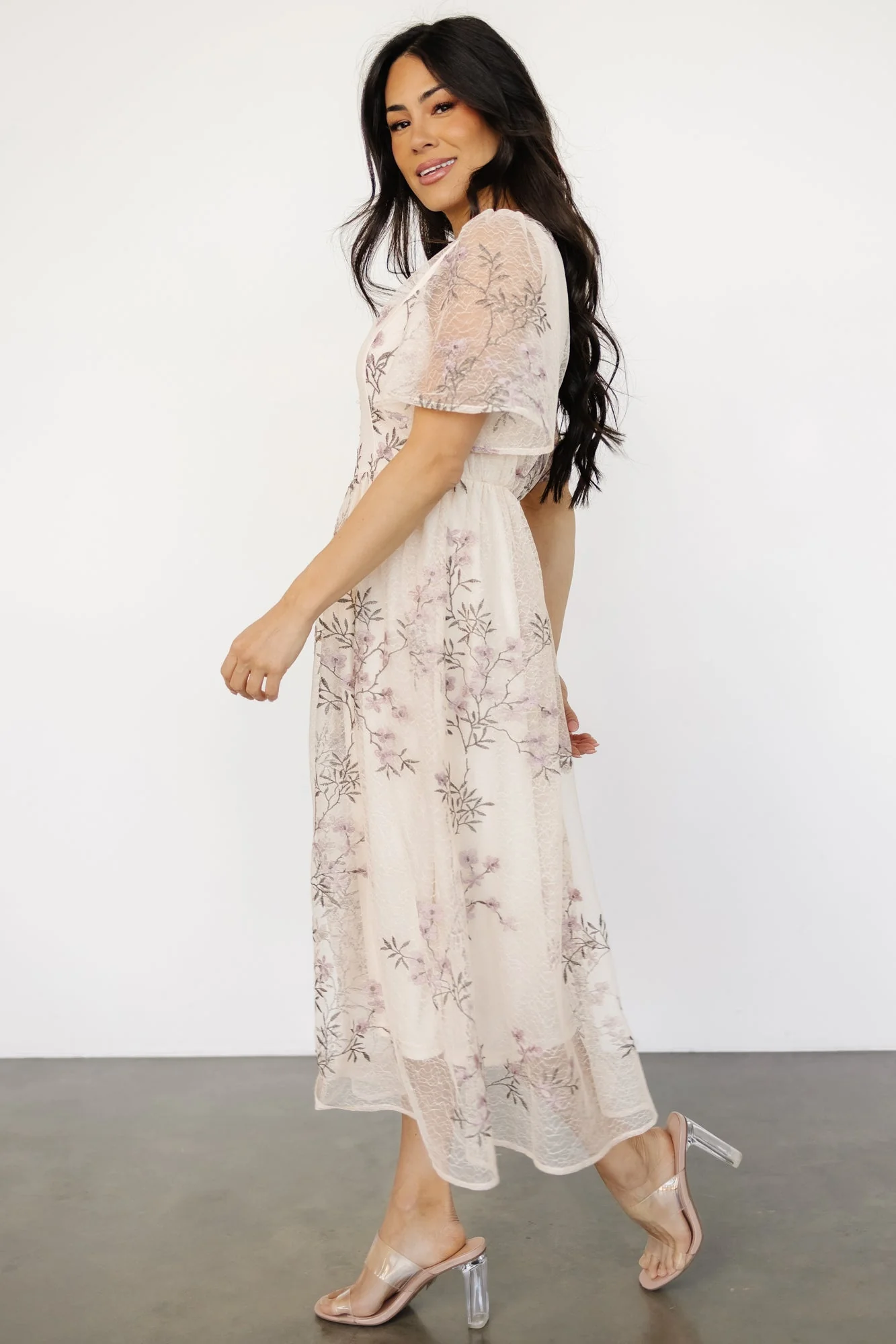 Ashlee Embroidered Midi Dress | Cream + Lavender Floral - Jamouz