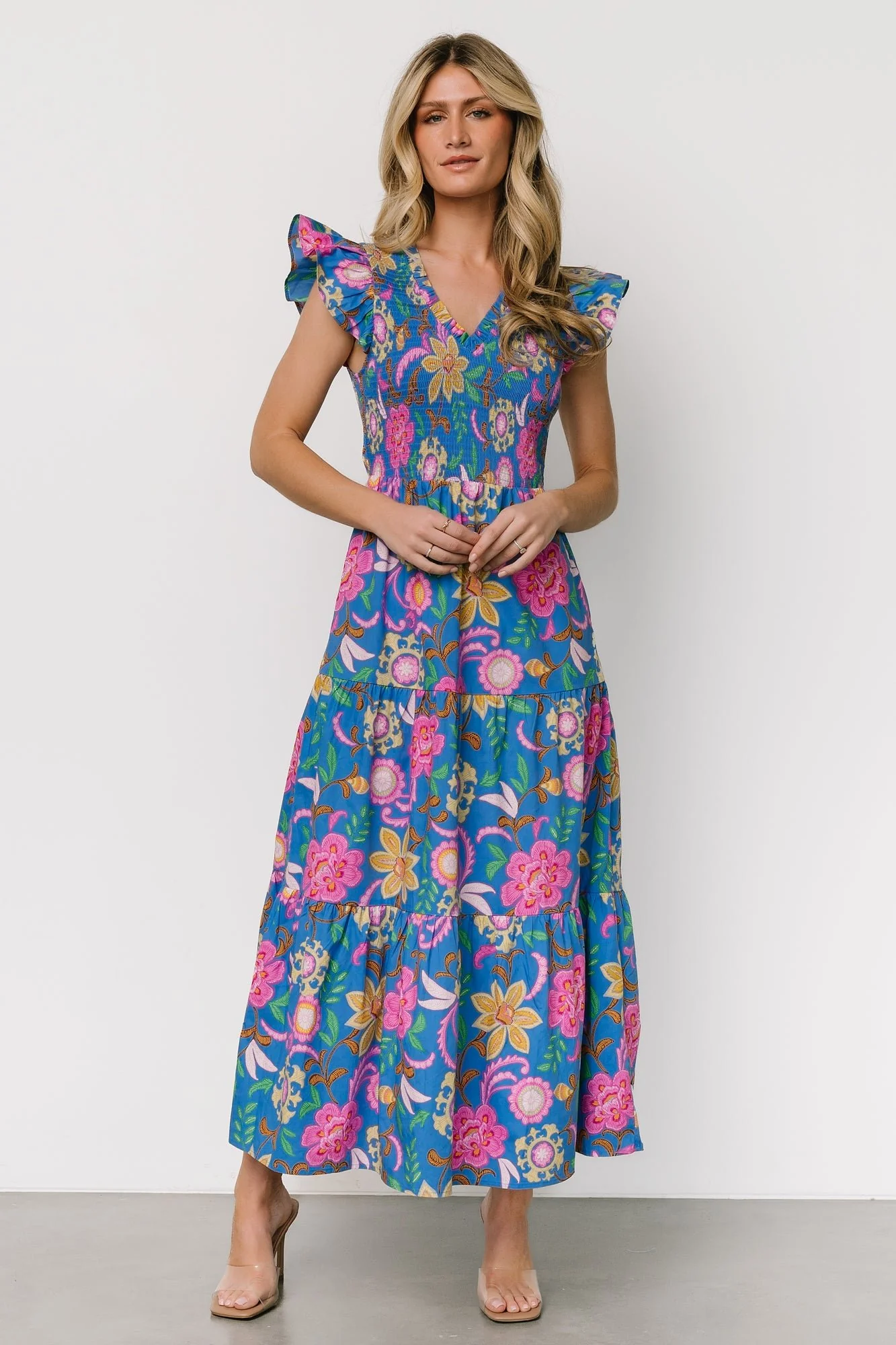 Ranchero Smocked Maxi Dress | Blue Multi Print - Jamouz