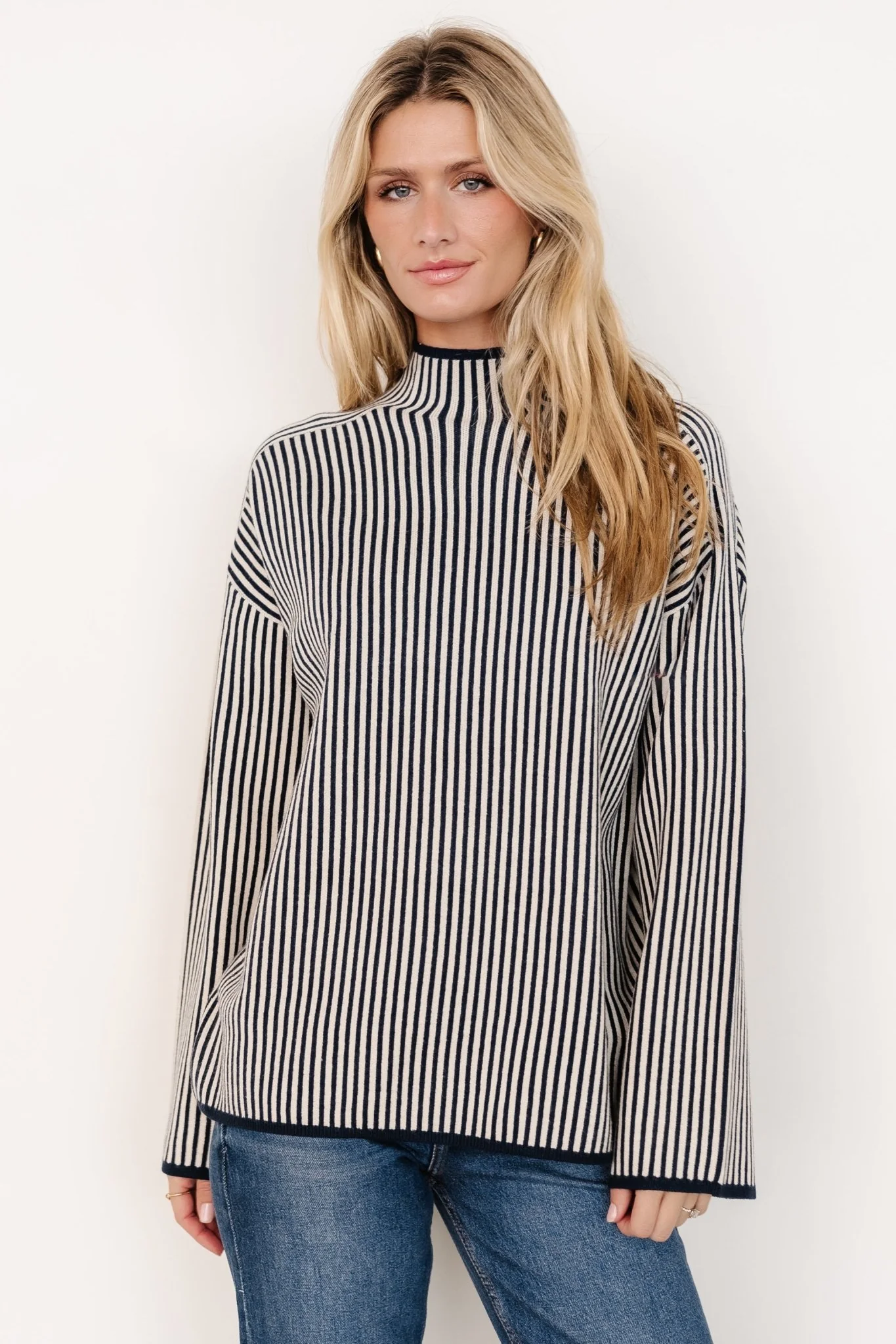 Kat Mock Neck Sweater | Navy Stripe - Jamouz