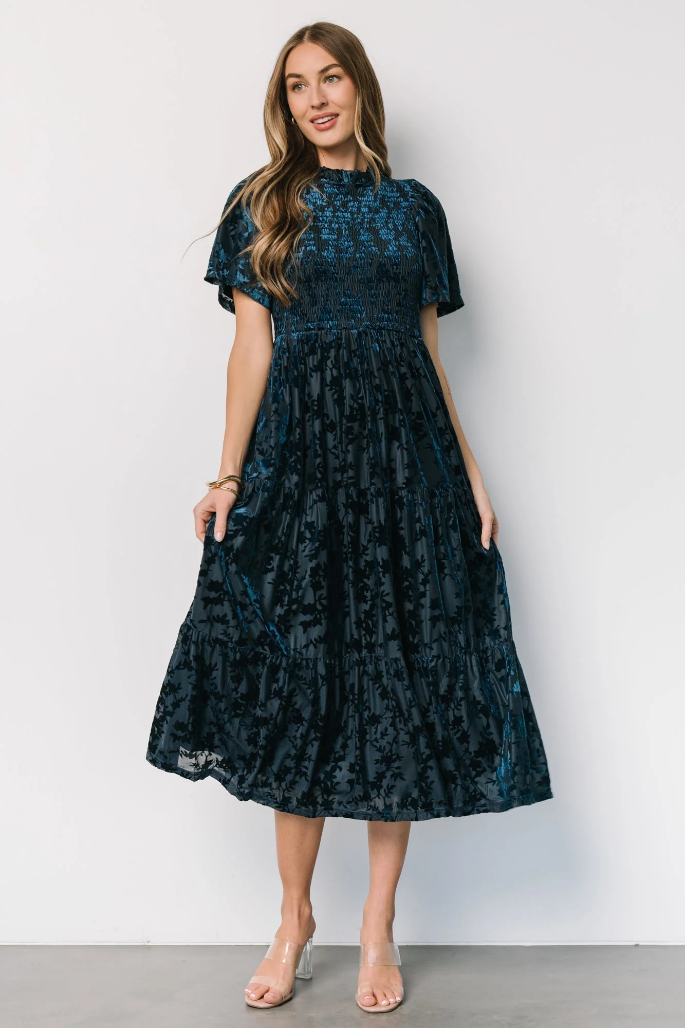 Callen Smocked Velvet Dress | Deep Blue - Jamouz