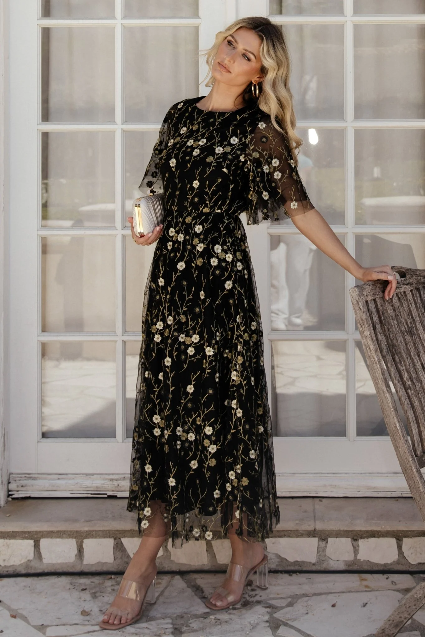 Arabella Embroidered Tulle Maxi Dress | Gold + Black - Jamouz