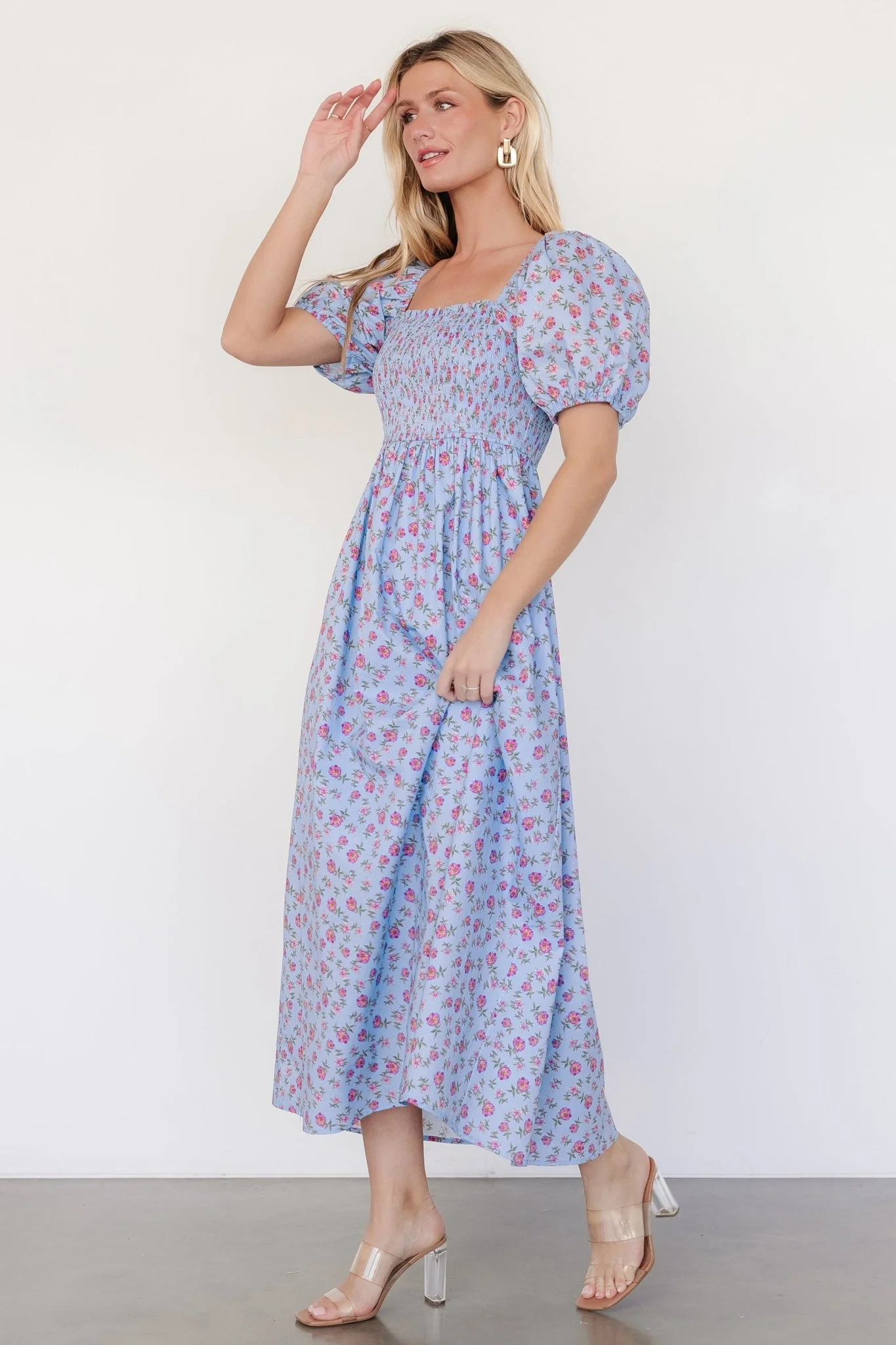 Haddie Smocked Midi Dress | Light Blue + Rose Floral - Jamouz