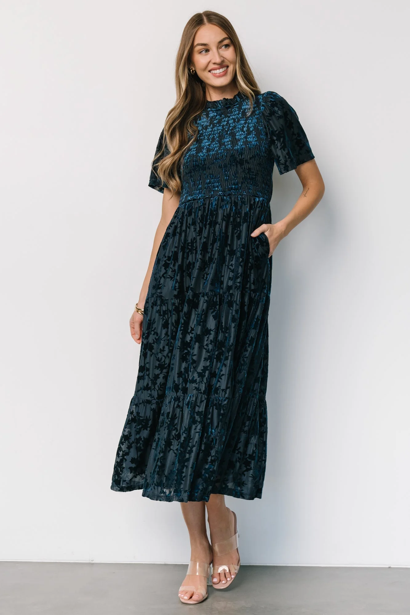 Callen Smocked Velvet Dress | Deep Blue - Jamouz
