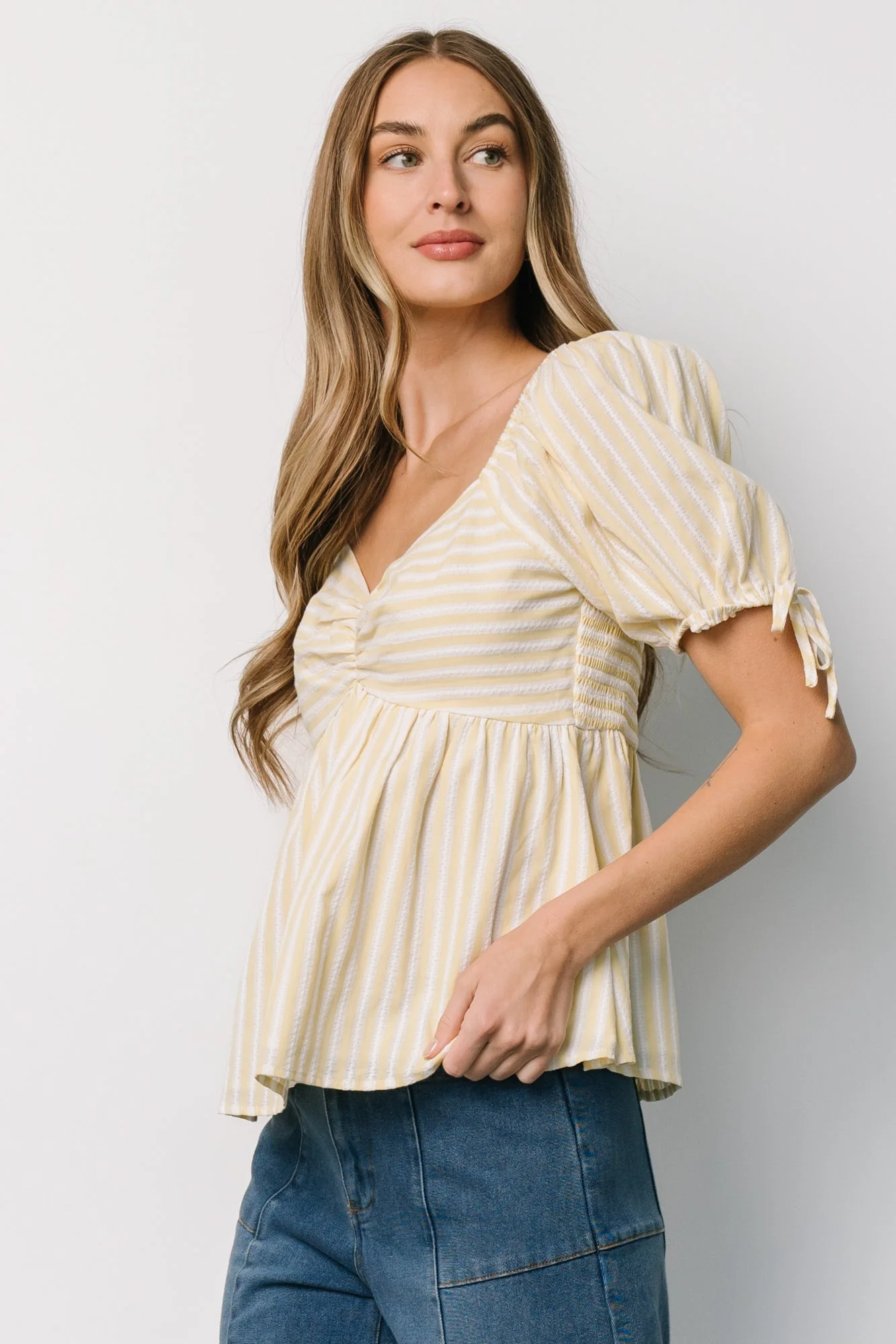 Betsy Peplum Top | Yellow + White Stripe - Jamouz