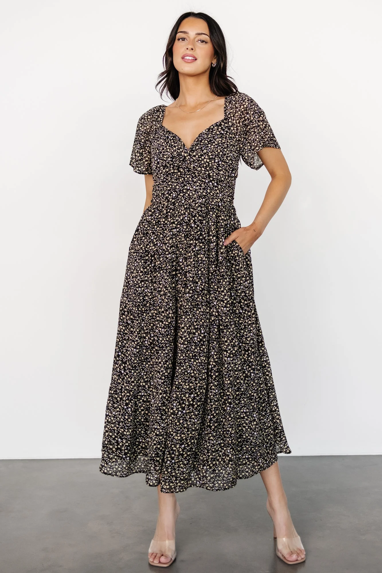 Emiliana Dress | Black + Gold Floral - Jamouz