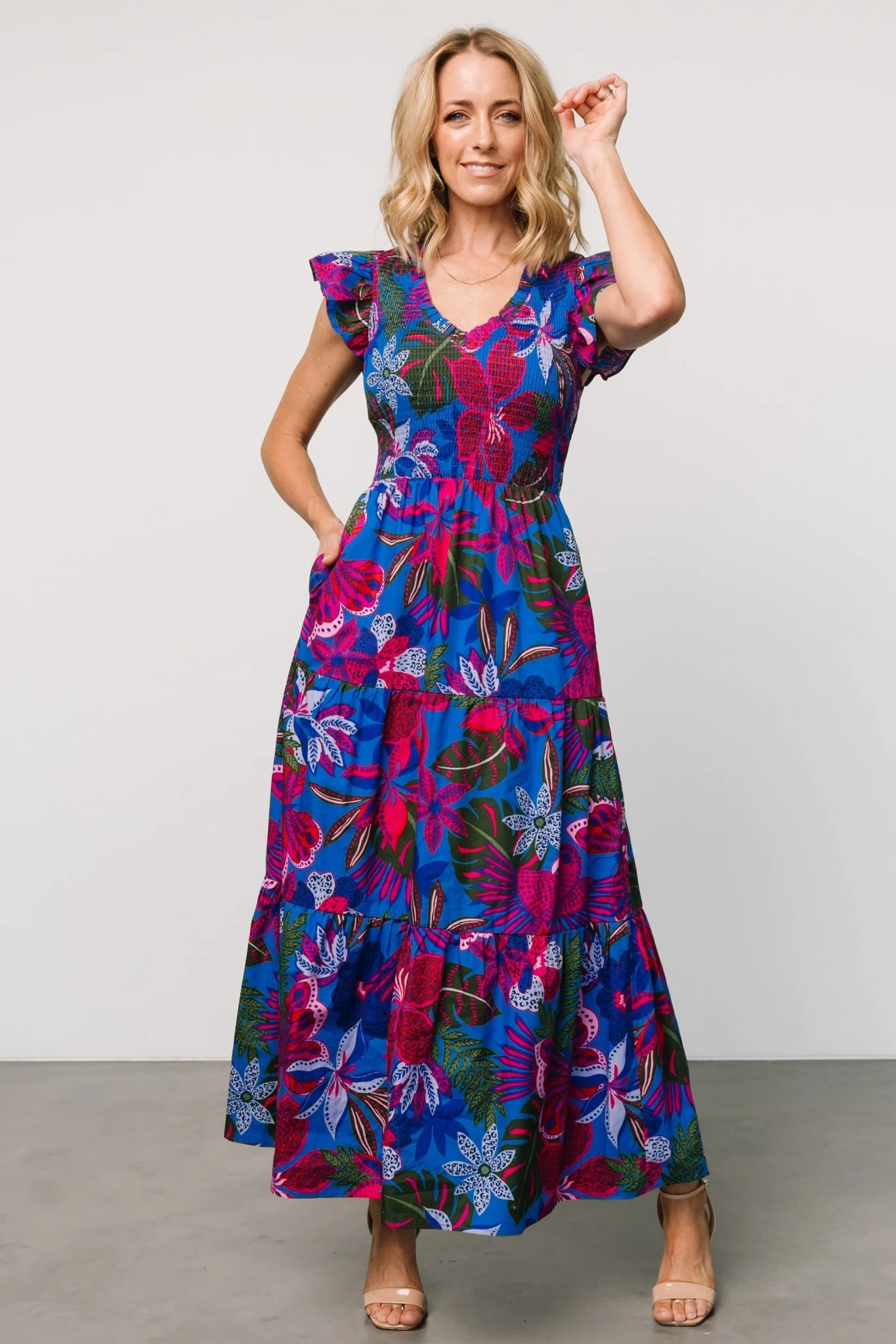 Ranchero Smocked Maxi Dress | Cobalt + Fuchsia Print - Jamouz