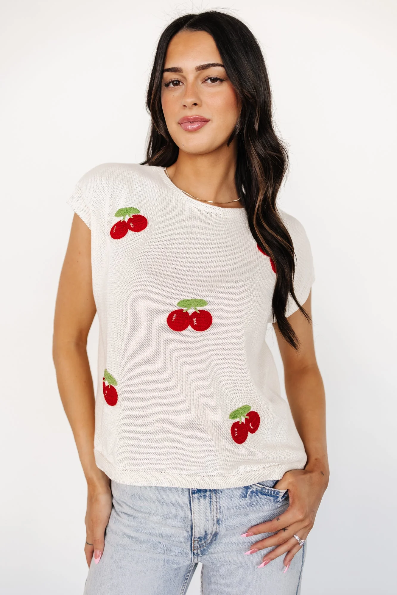 Lexie Knit Top | Cream + Cherry Applique - Jamouz