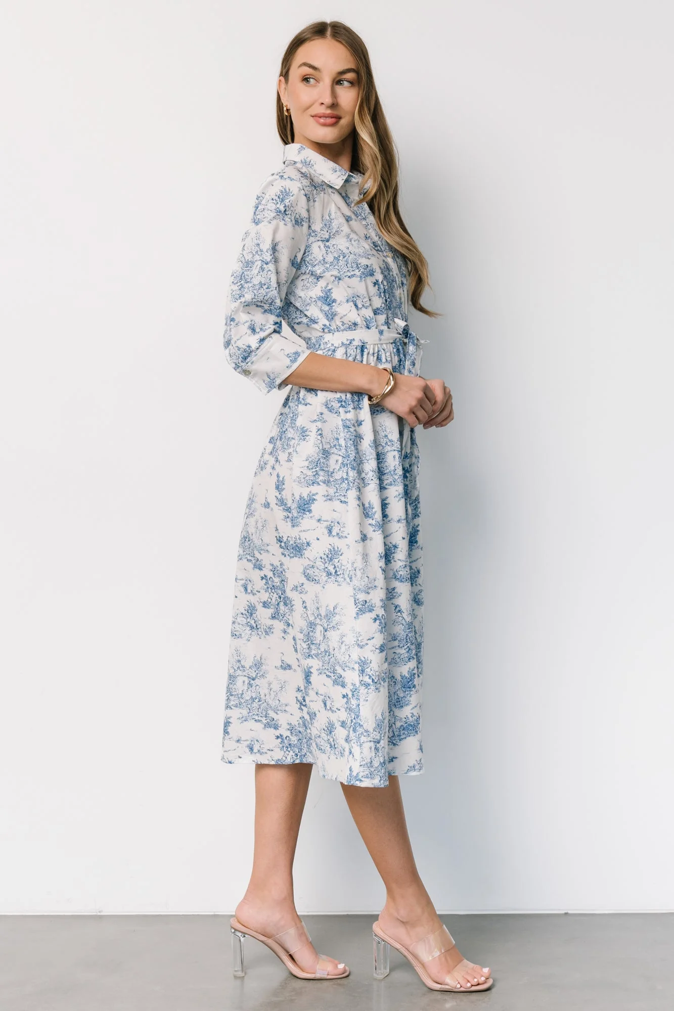 Chantelle Button Midi Dress | Off White + Blue Print - Jamouz