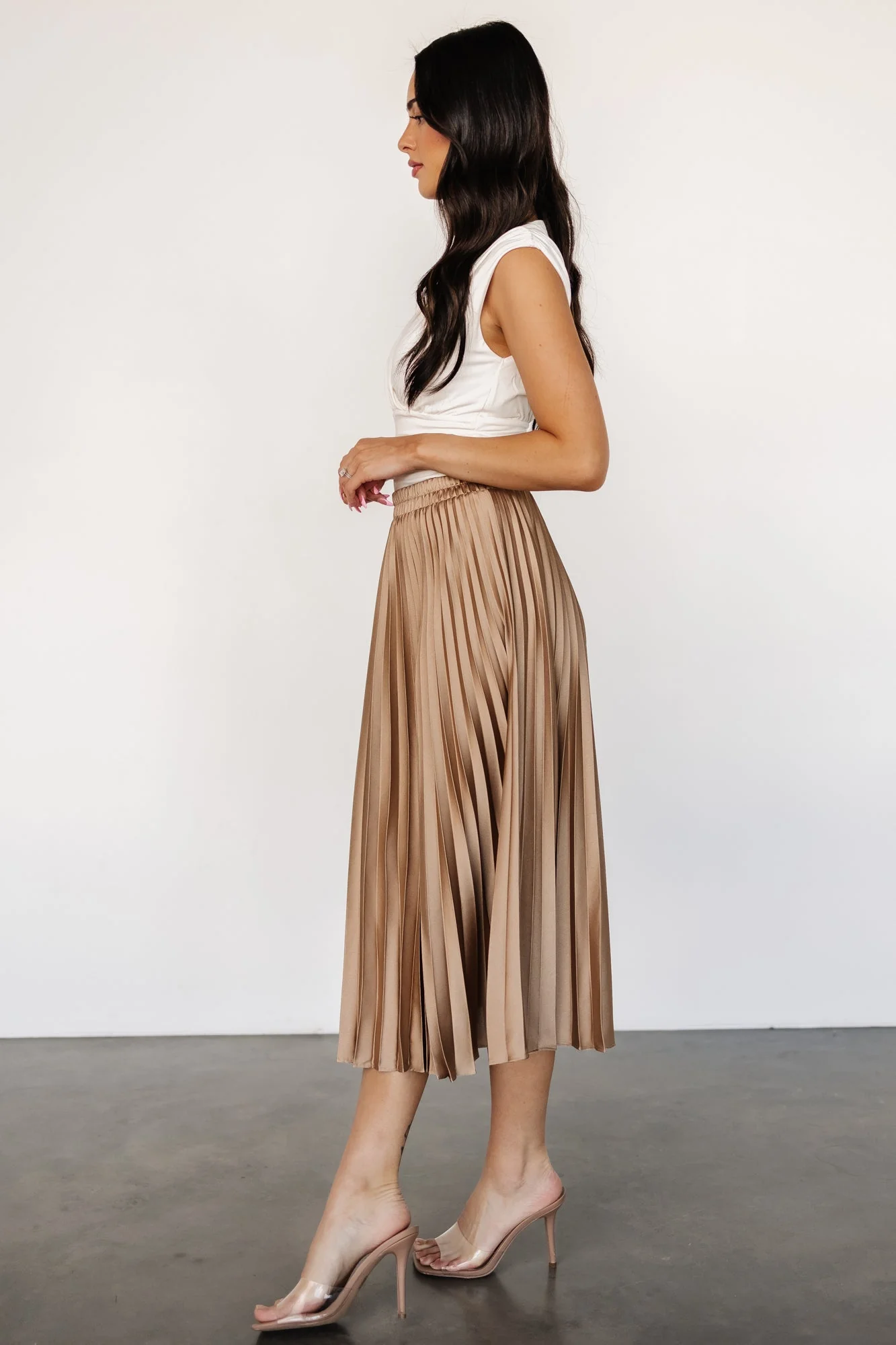 Demetria Pleated Midi Skirt | Light Bronze - Jamouz
