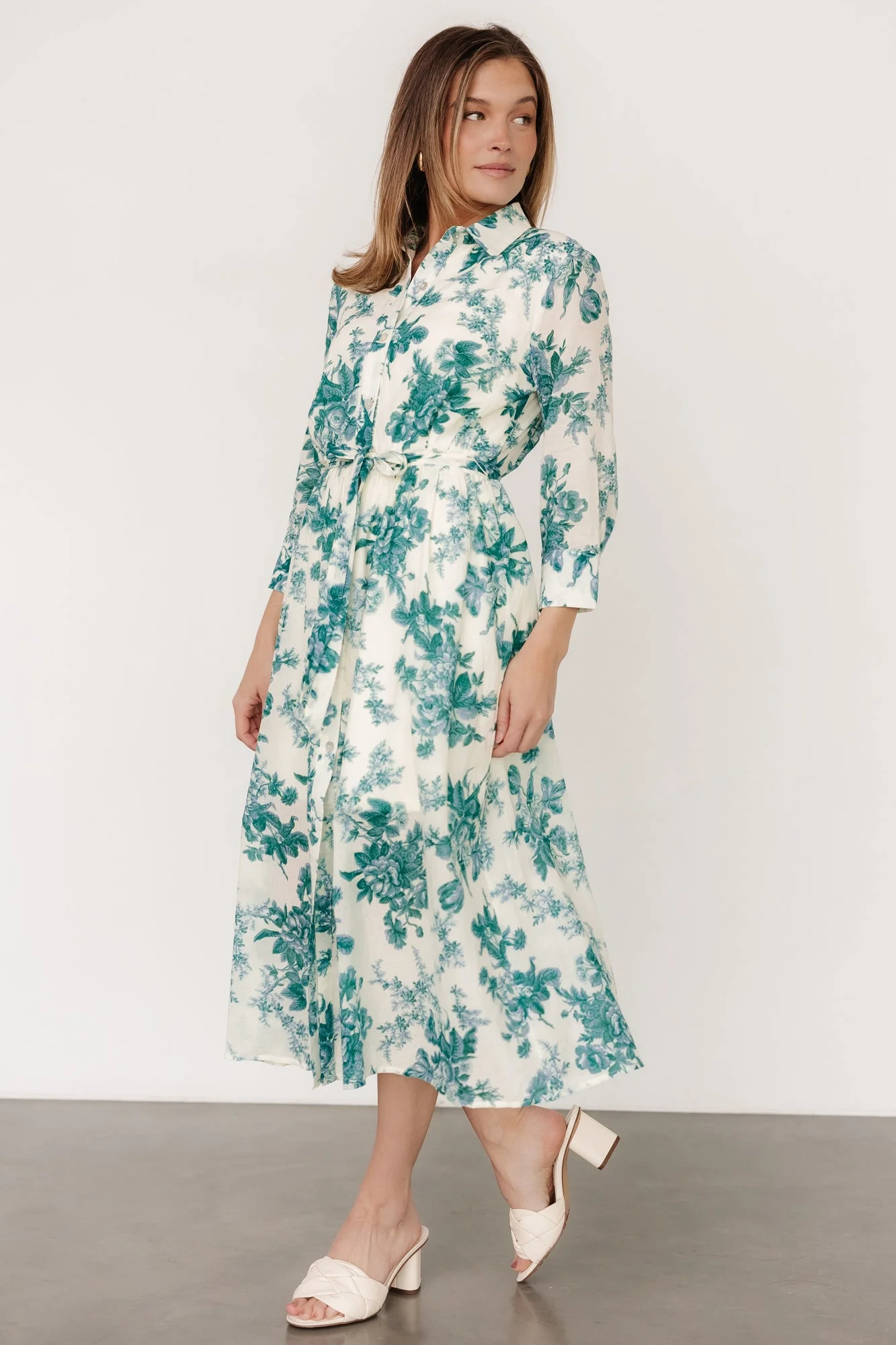 Eunice Button Midi Dress | Cream + Green Floral - Jamouz