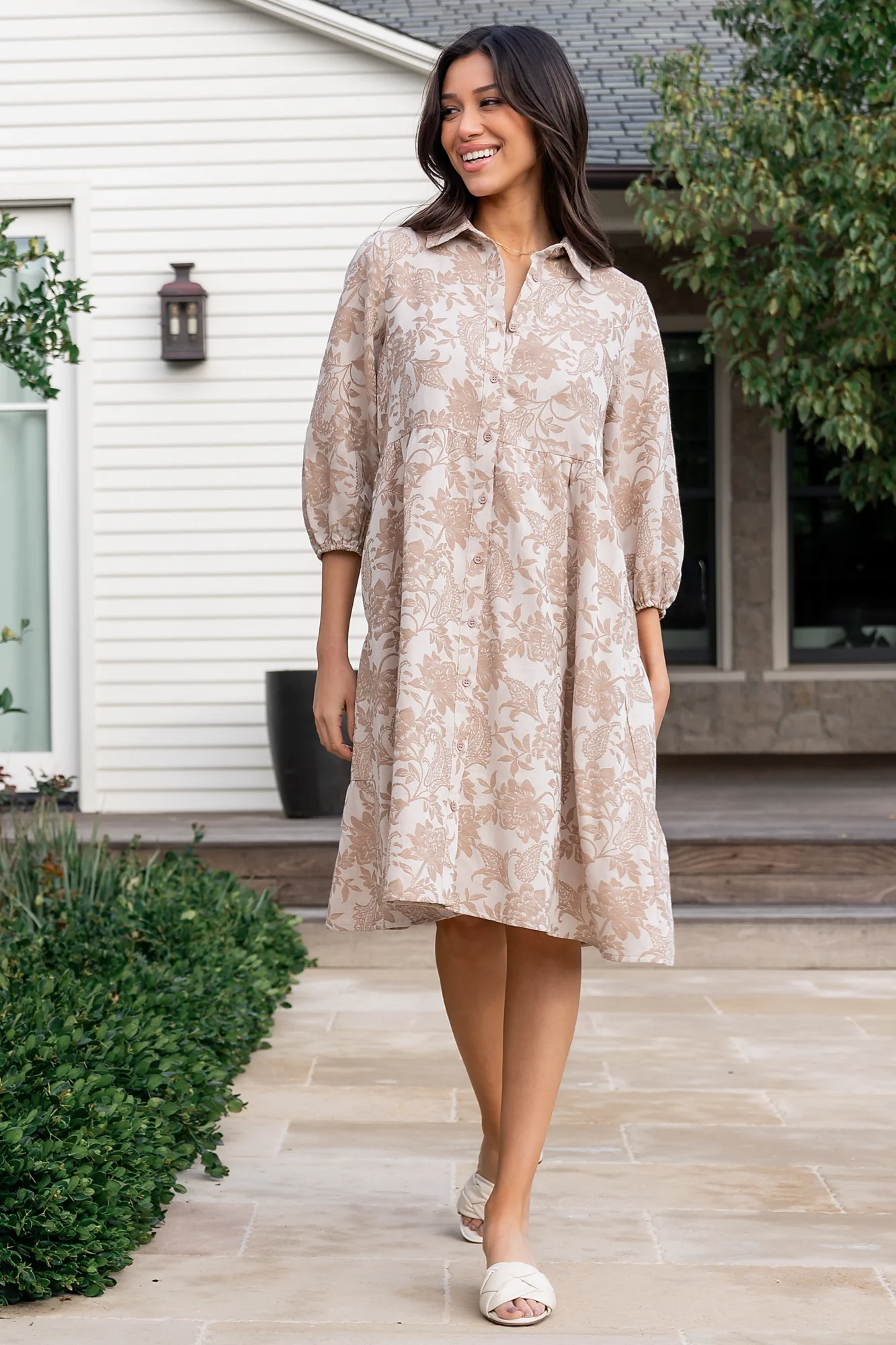 Dakota Babydoll Dress | Taupe Print - Jamouz