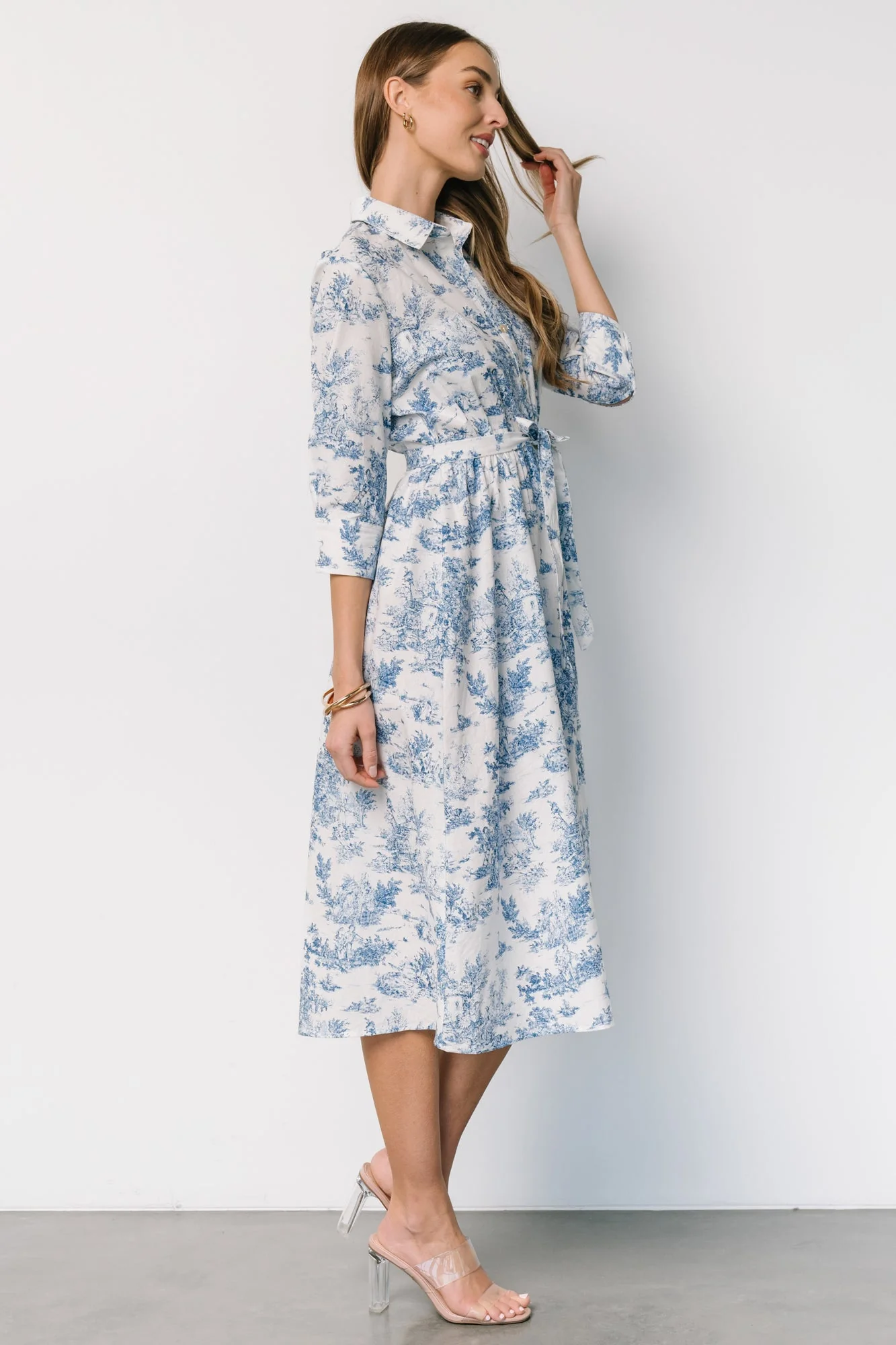 Chantelle Button Midi Dress | Off White + Blue Print - Jamouz
