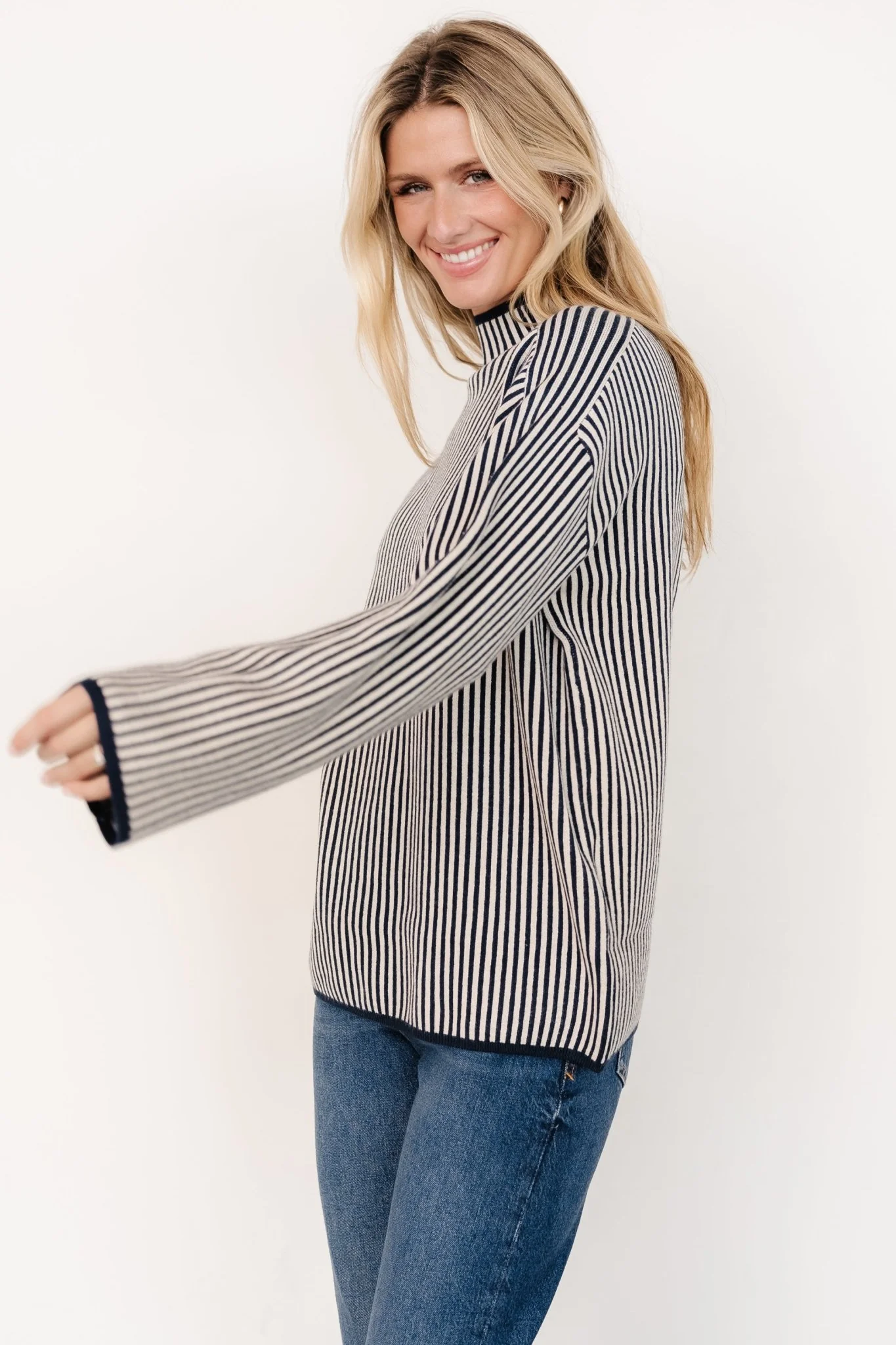 Kat Mock Neck Sweater | Navy Stripe - Jamouz