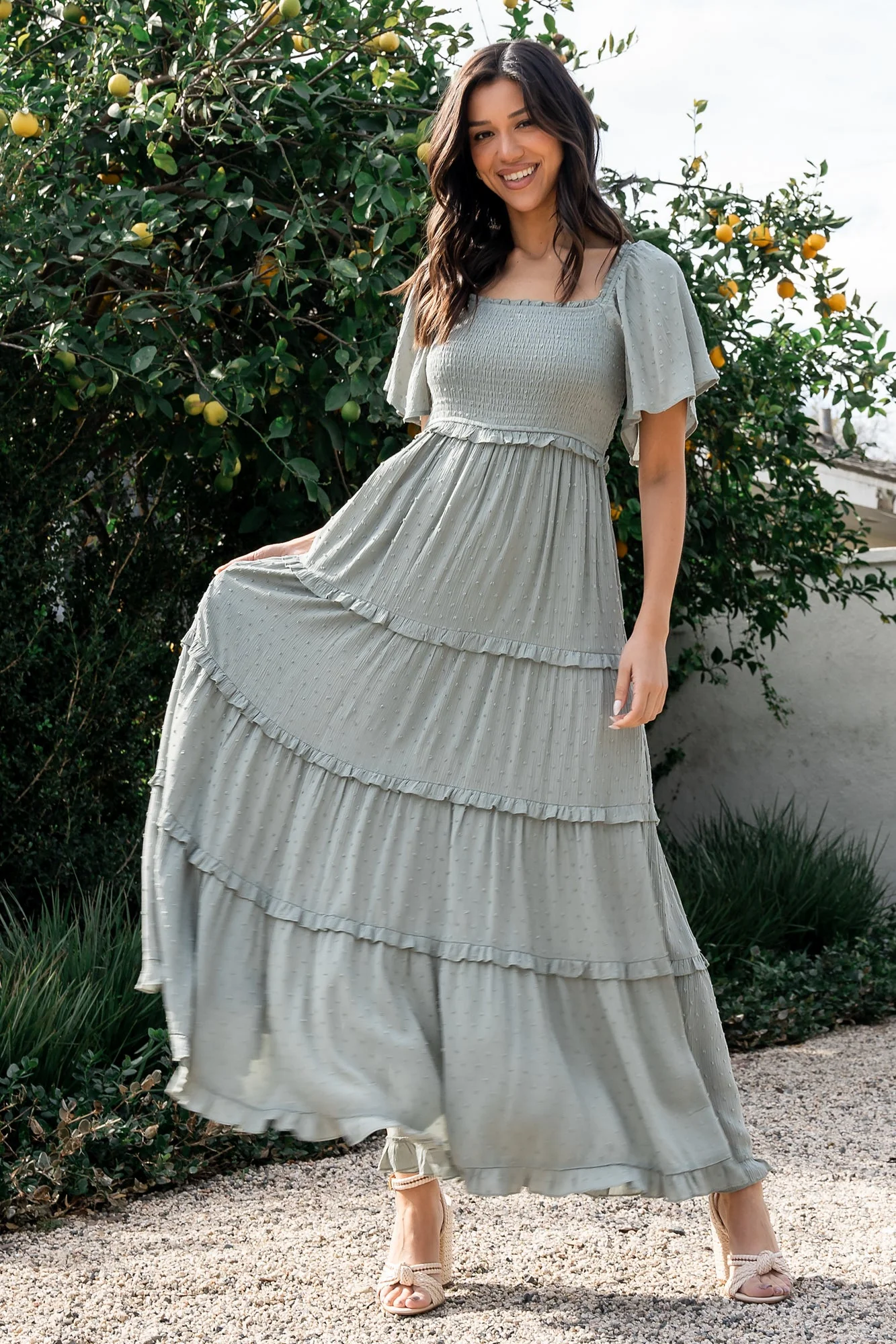 Lenora Smocked Dotted Maxi Dress | Sage - Jamouz