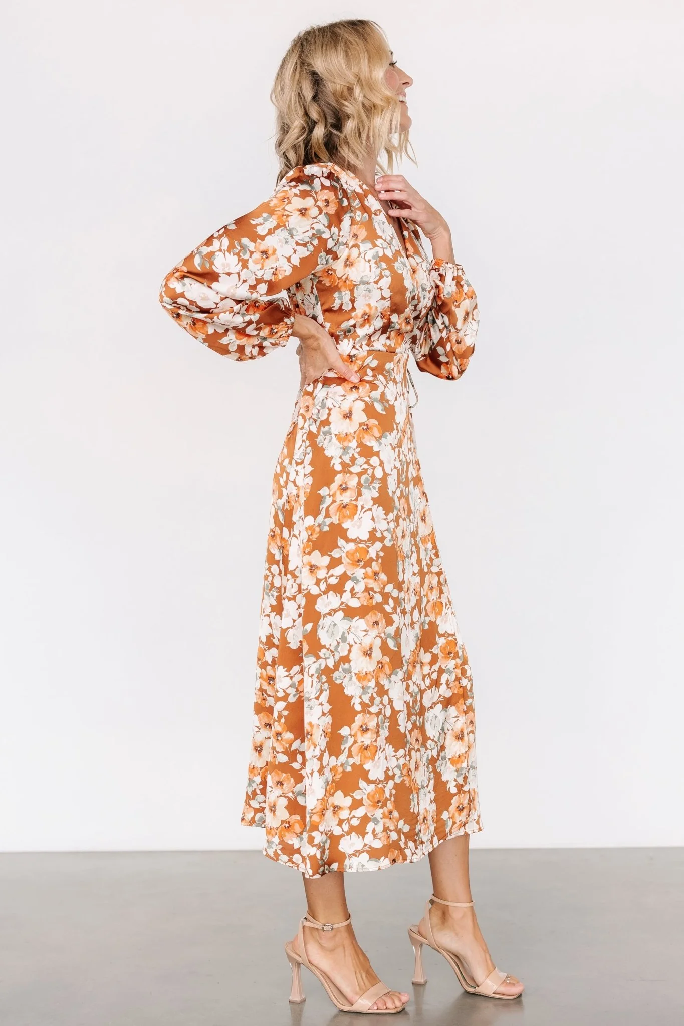 Clarissa Faux Wrap Midi Dress | Copper + Ivory - Jamouz