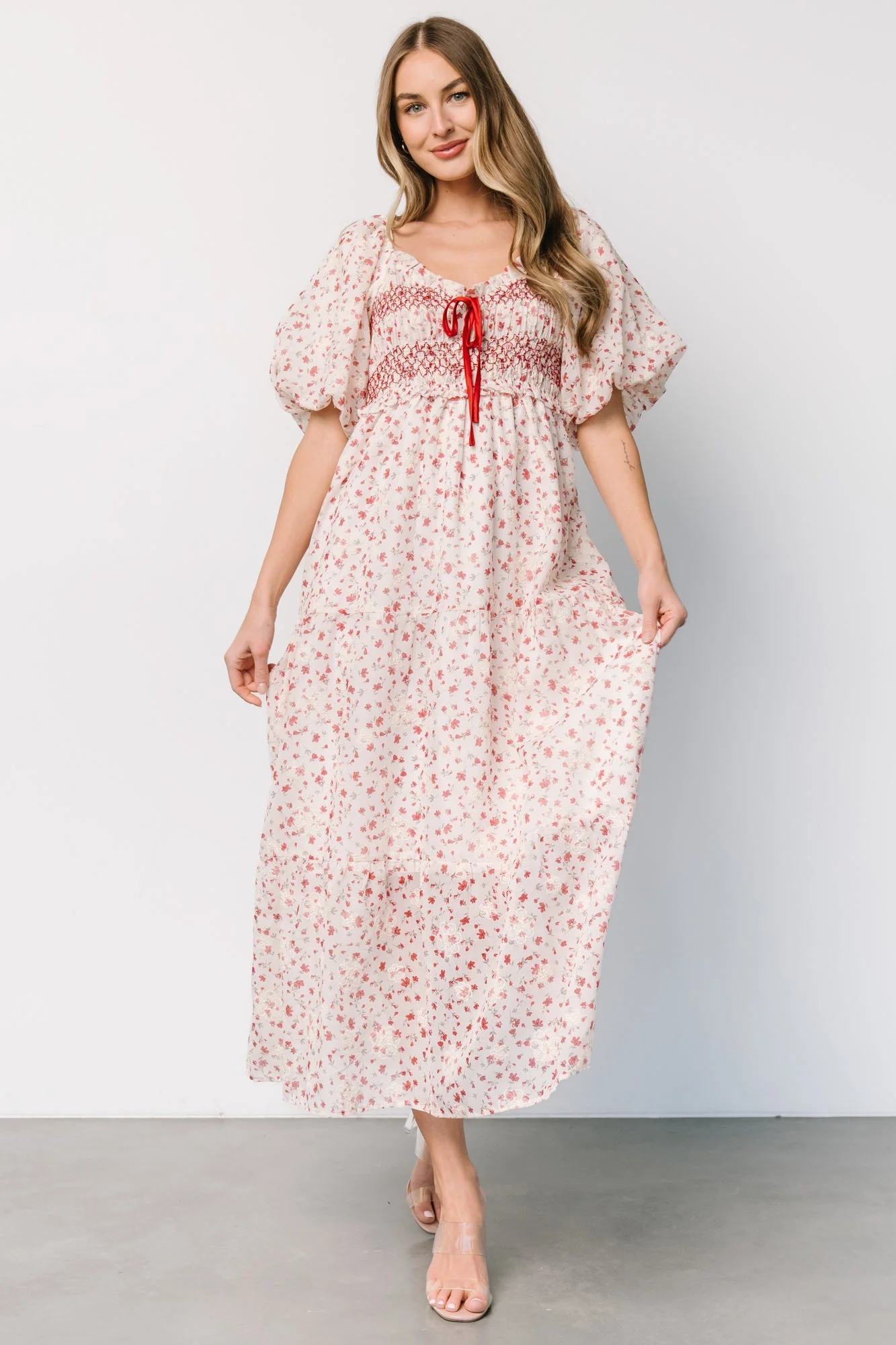 Hollie Smocked Dress | Cream + Red Floral - Jamouz