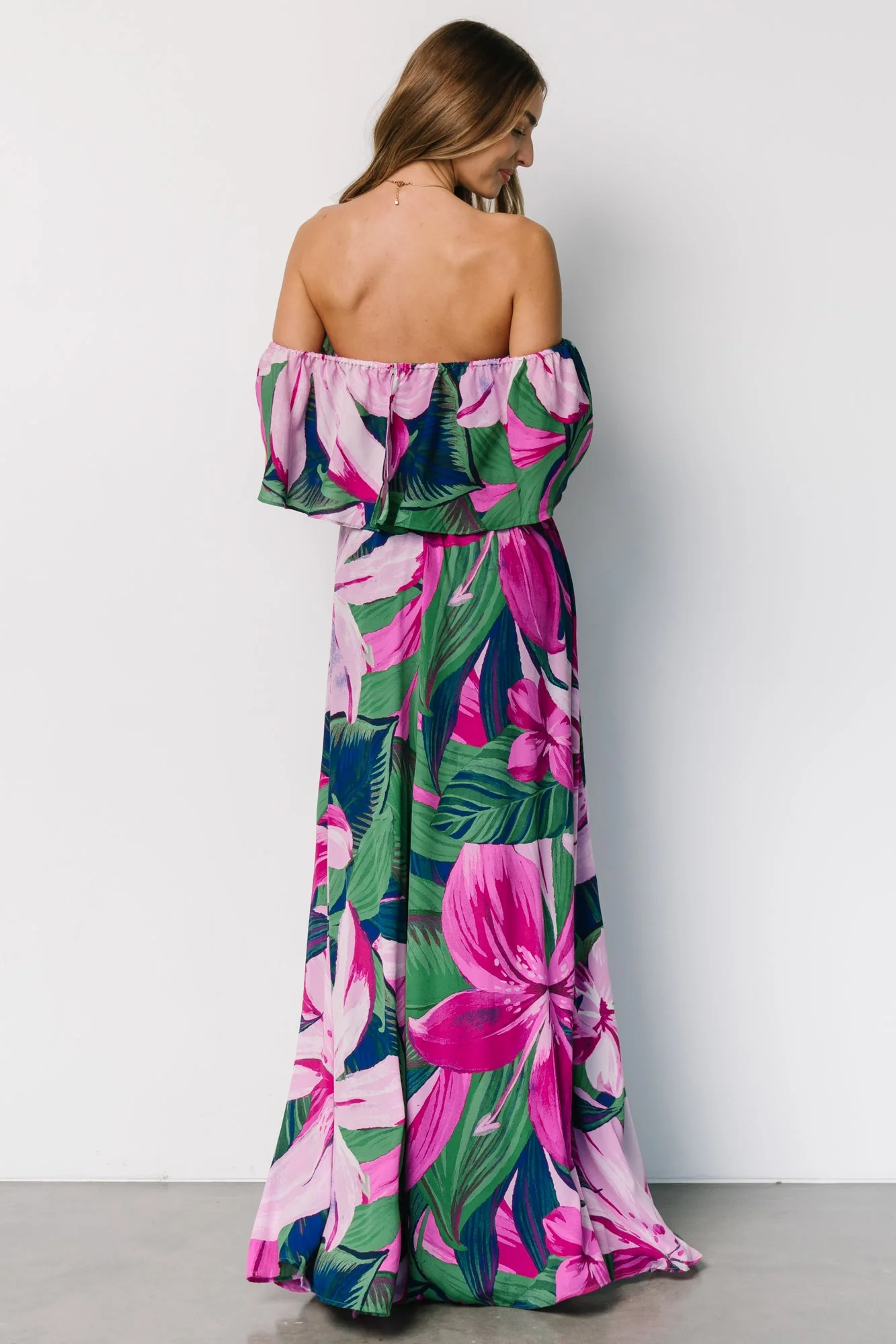 Azalea Off Shoulder Maxi Dress | Green + Fuchsia Floral - Jamouz