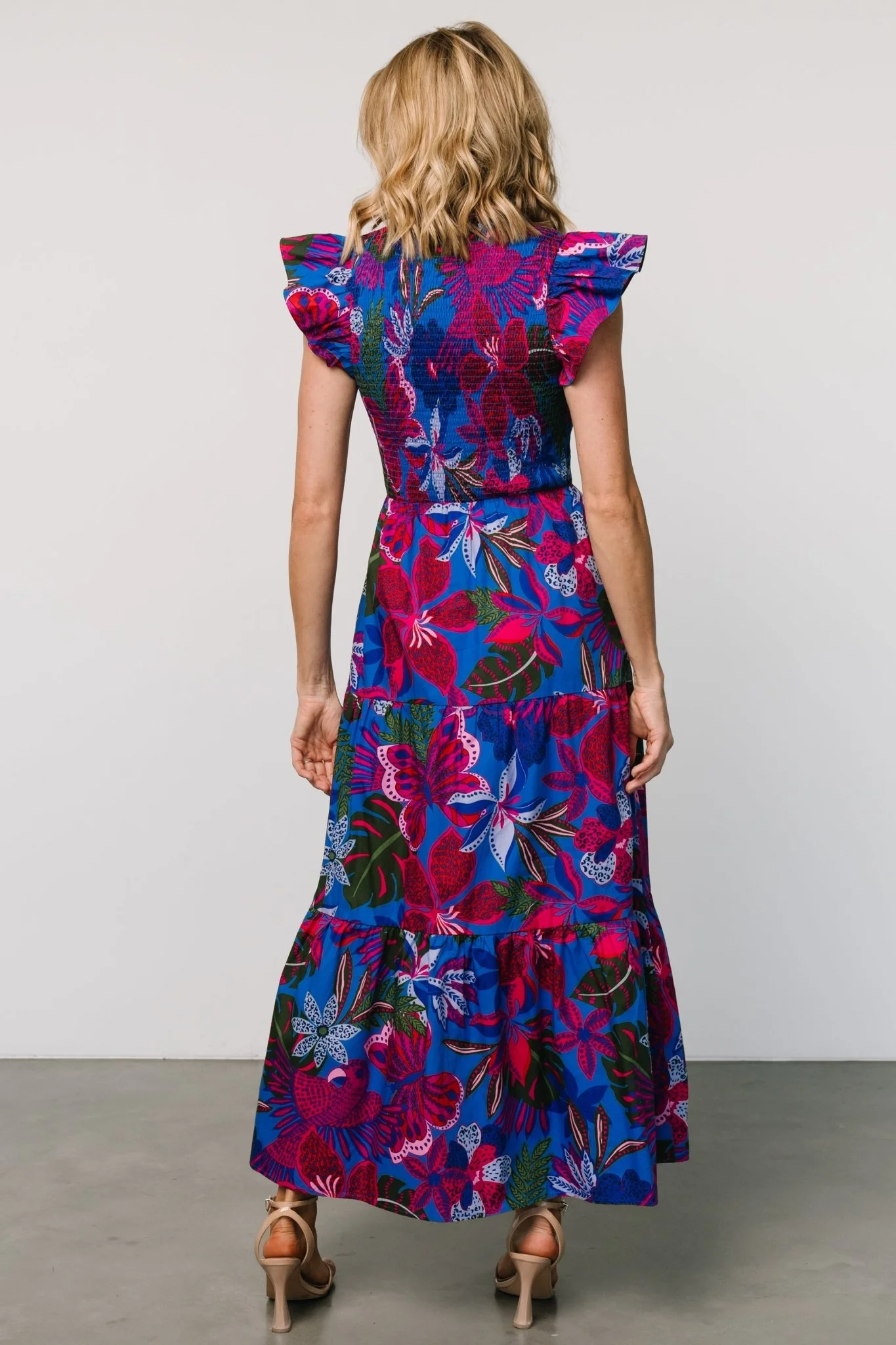 Ranchero Smocked Maxi Dress | Cobalt + Fuchsia Print - Jamouz