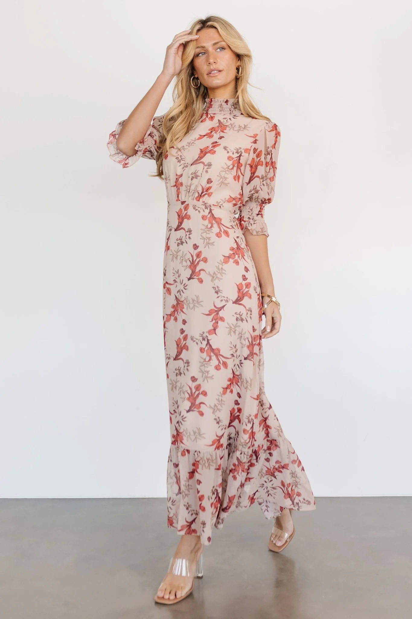Marie Mock Neck Maxi Dress | Blush Floral - Jamouz