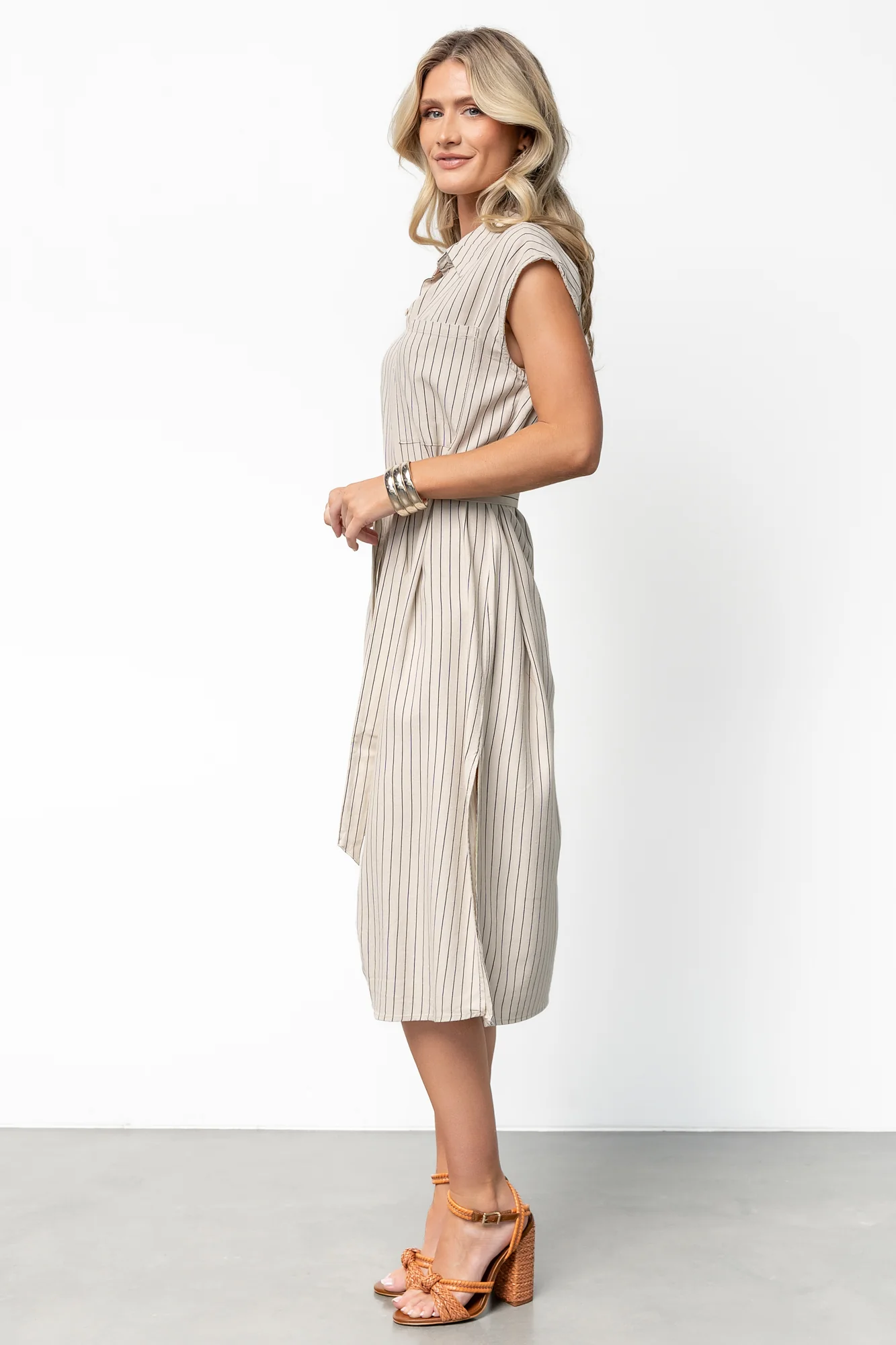 Toledo Button Up Midi Dress | Beige Stripe - Jamouz
