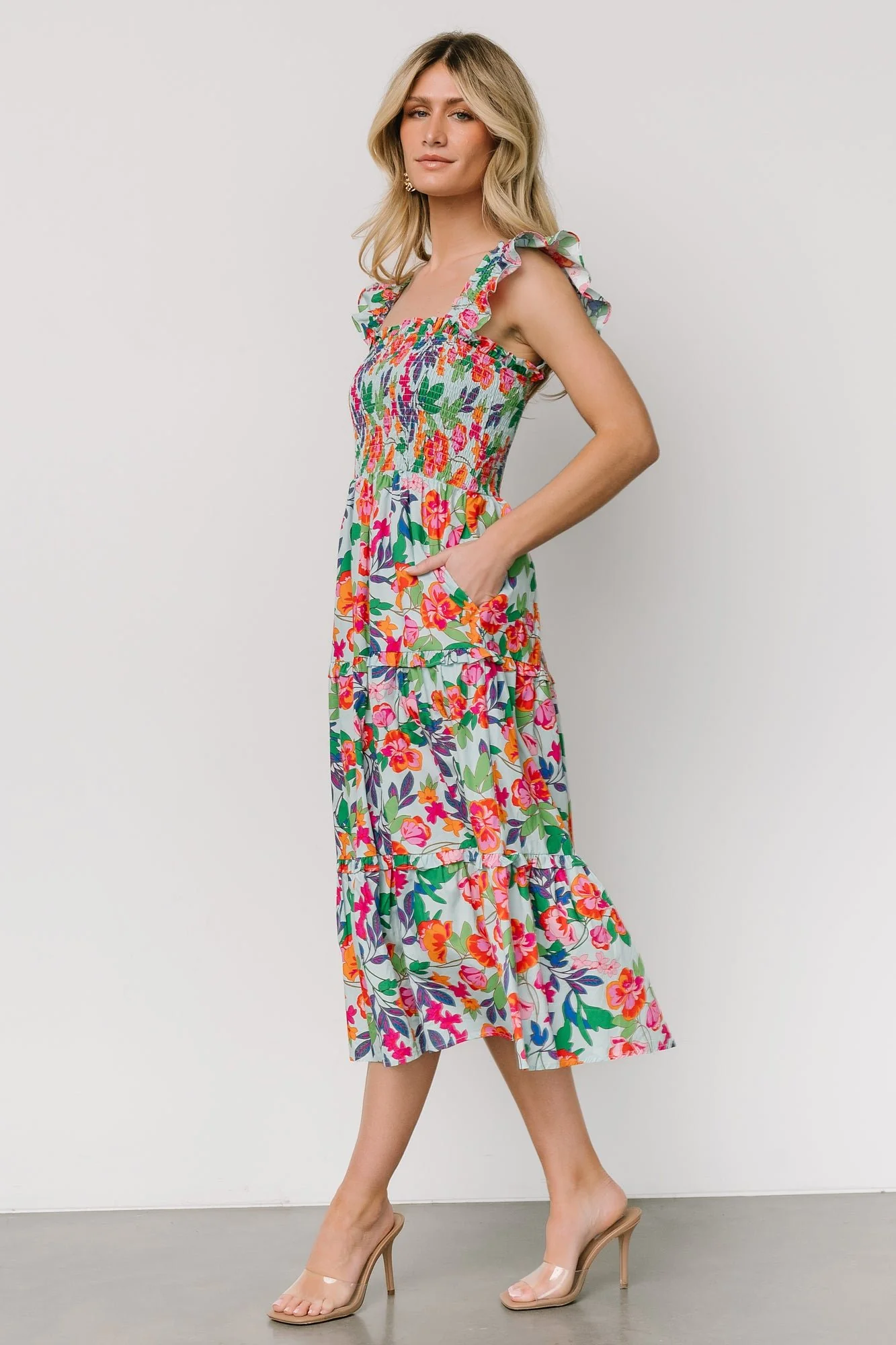 Harper Smocked Midi Dress | Blue Multi Floral - Jamouz