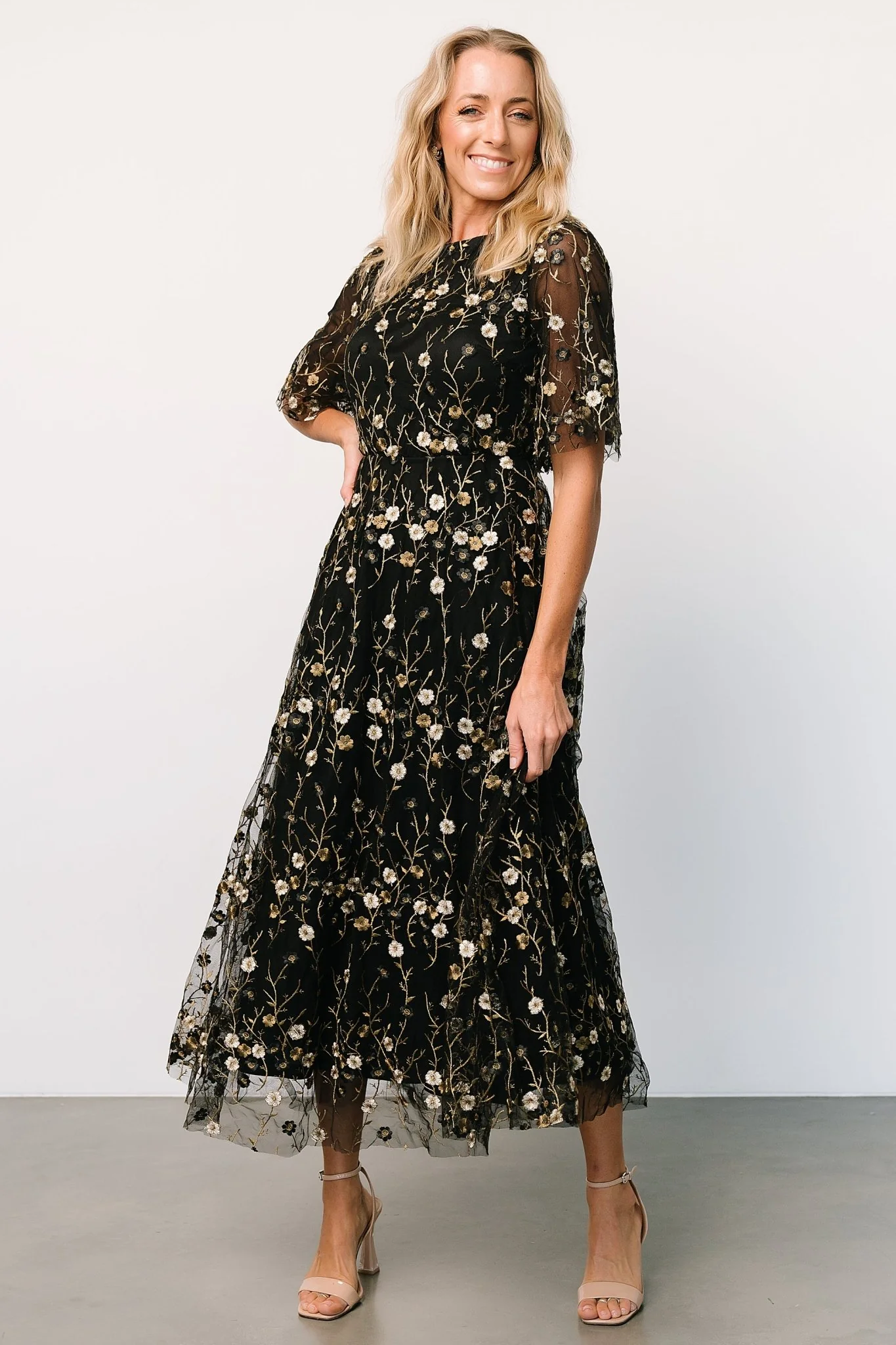 Arabella Embroidered Tulle Maxi Dress | Gold + Black - Jamouz