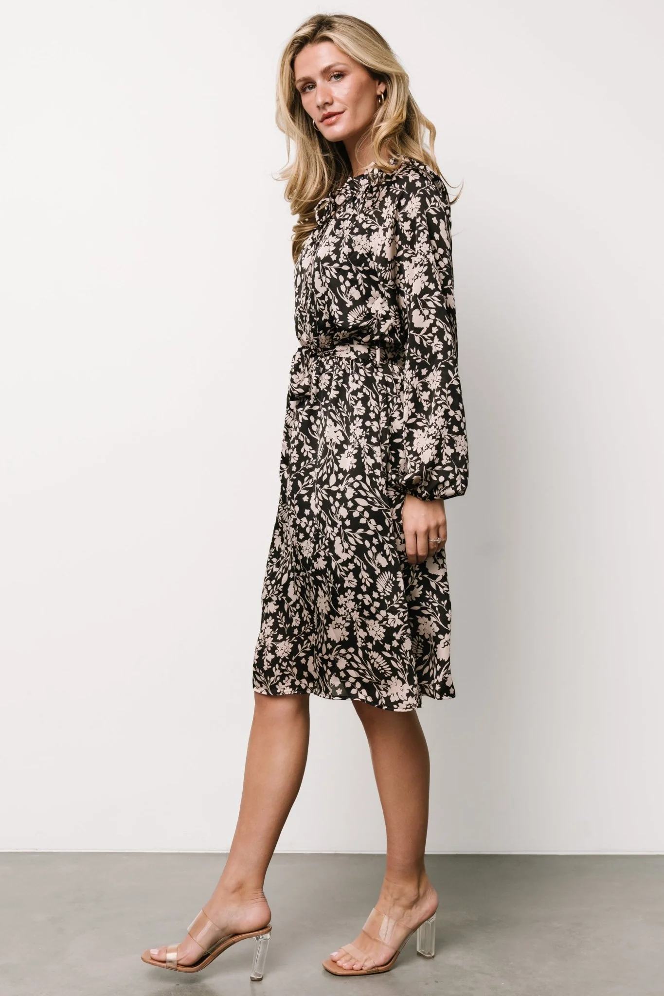 Deena Satin Dress | Black + Taupe Floral - Jamouz