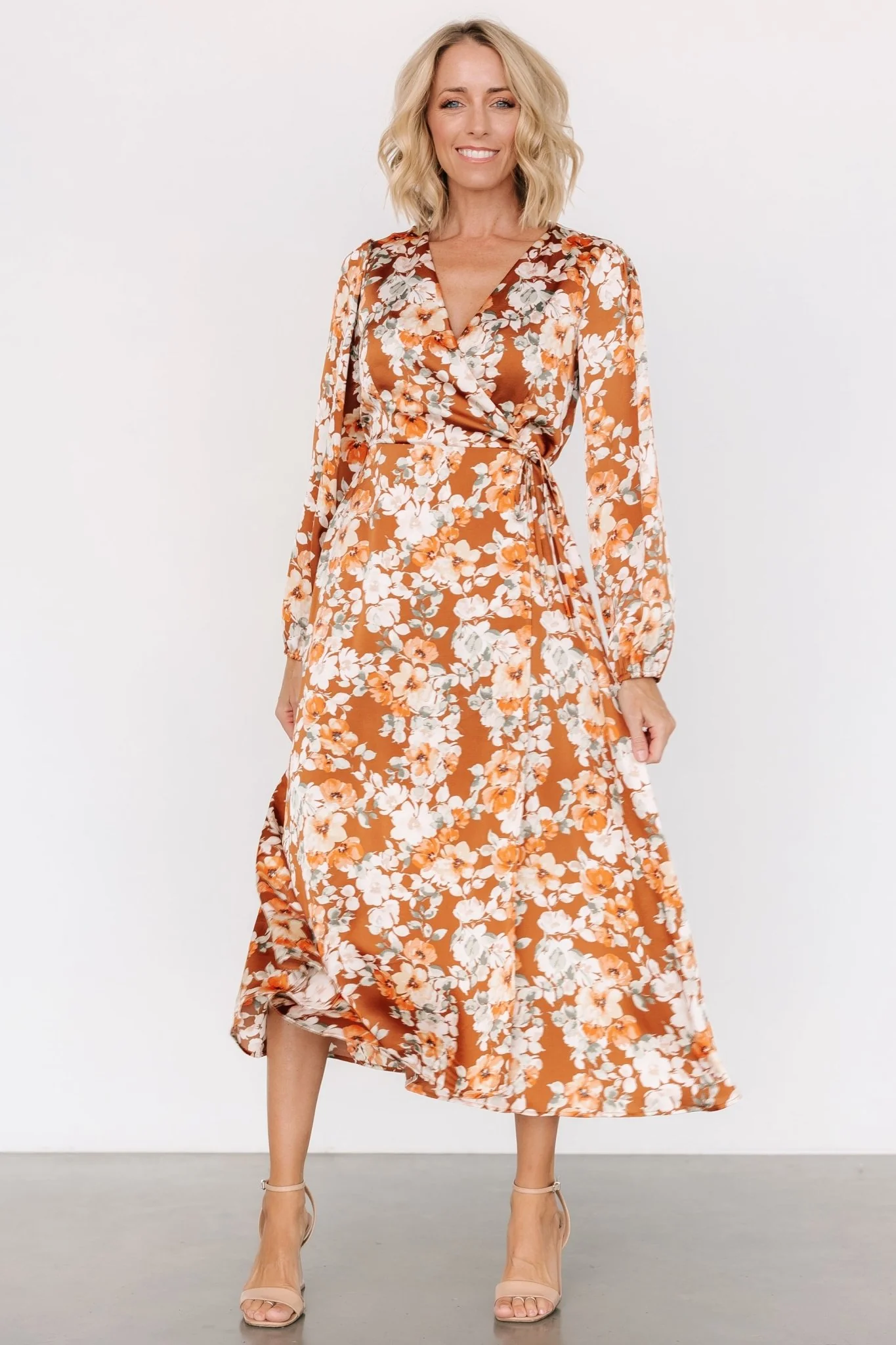 Clarissa Faux Wrap Midi Dress | Copper + Ivory - Jamouz