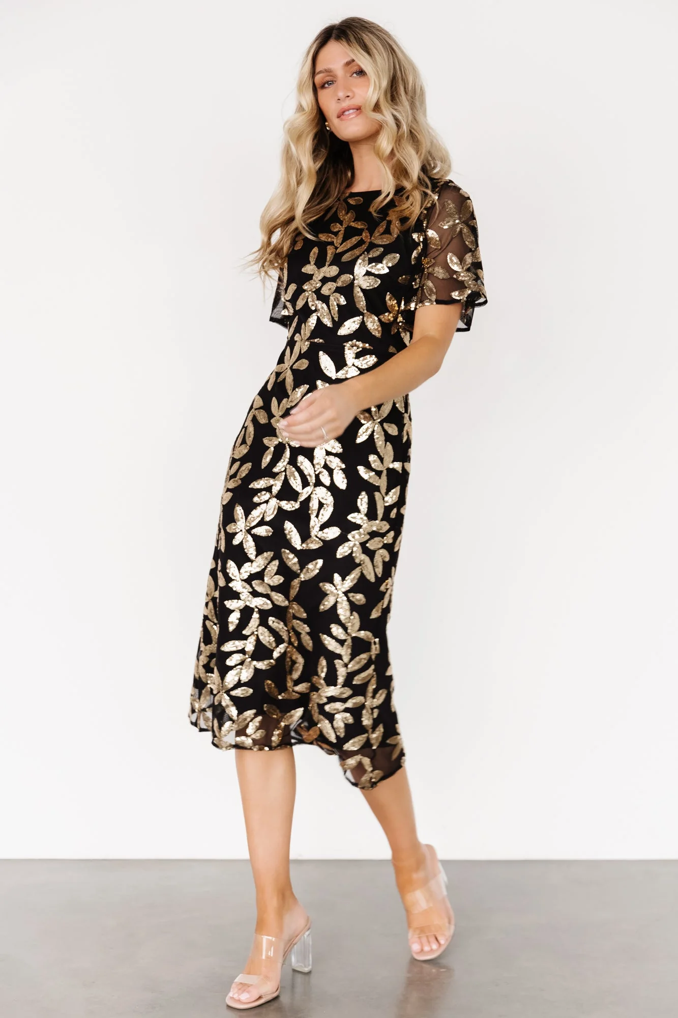 Deanna Sequin Midi Dress | Black + Gold - Jamouz