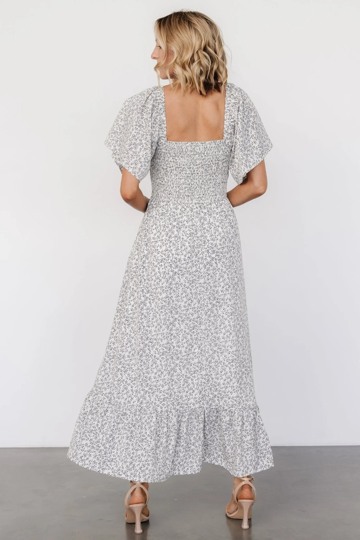 Cassis Smocked Midi Dress | Ivory + Black Floral - Jamouz