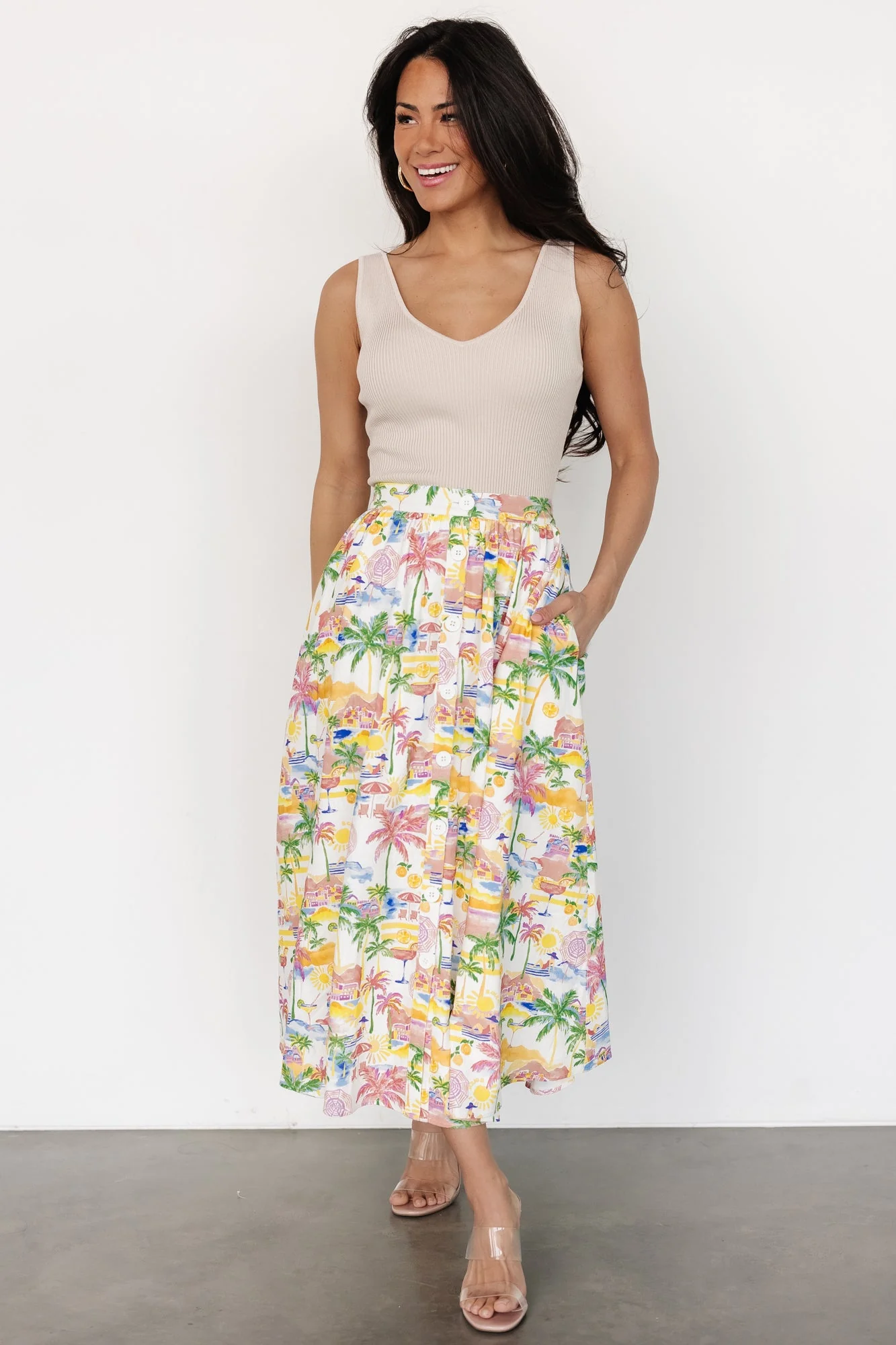 Gigi Button Midi Skirt | Off White + Multi Print - Jamouz