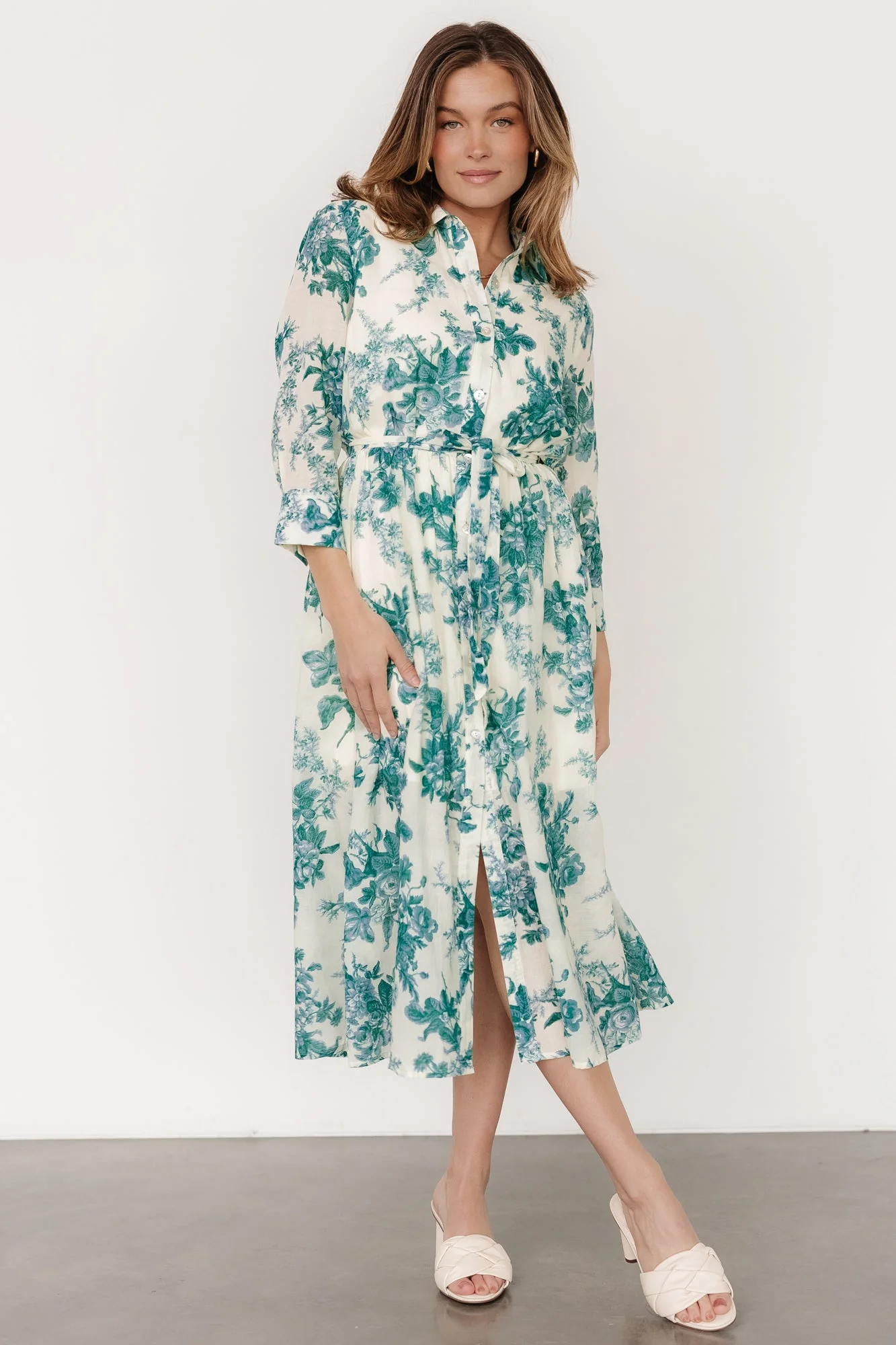 Eunice Button Midi Dress | Cream + Green Floral - Jamouz