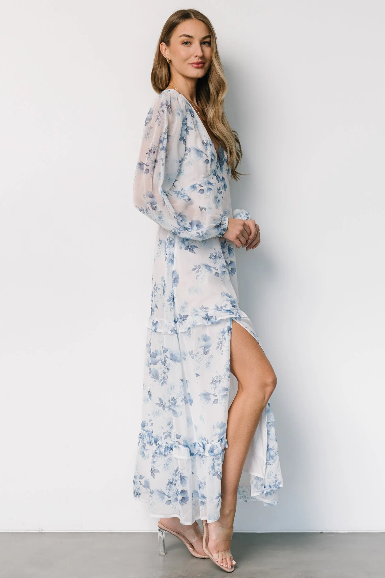 Rumi Deep V Maxi Dress | Off White + Blue Floral - Jamouz
