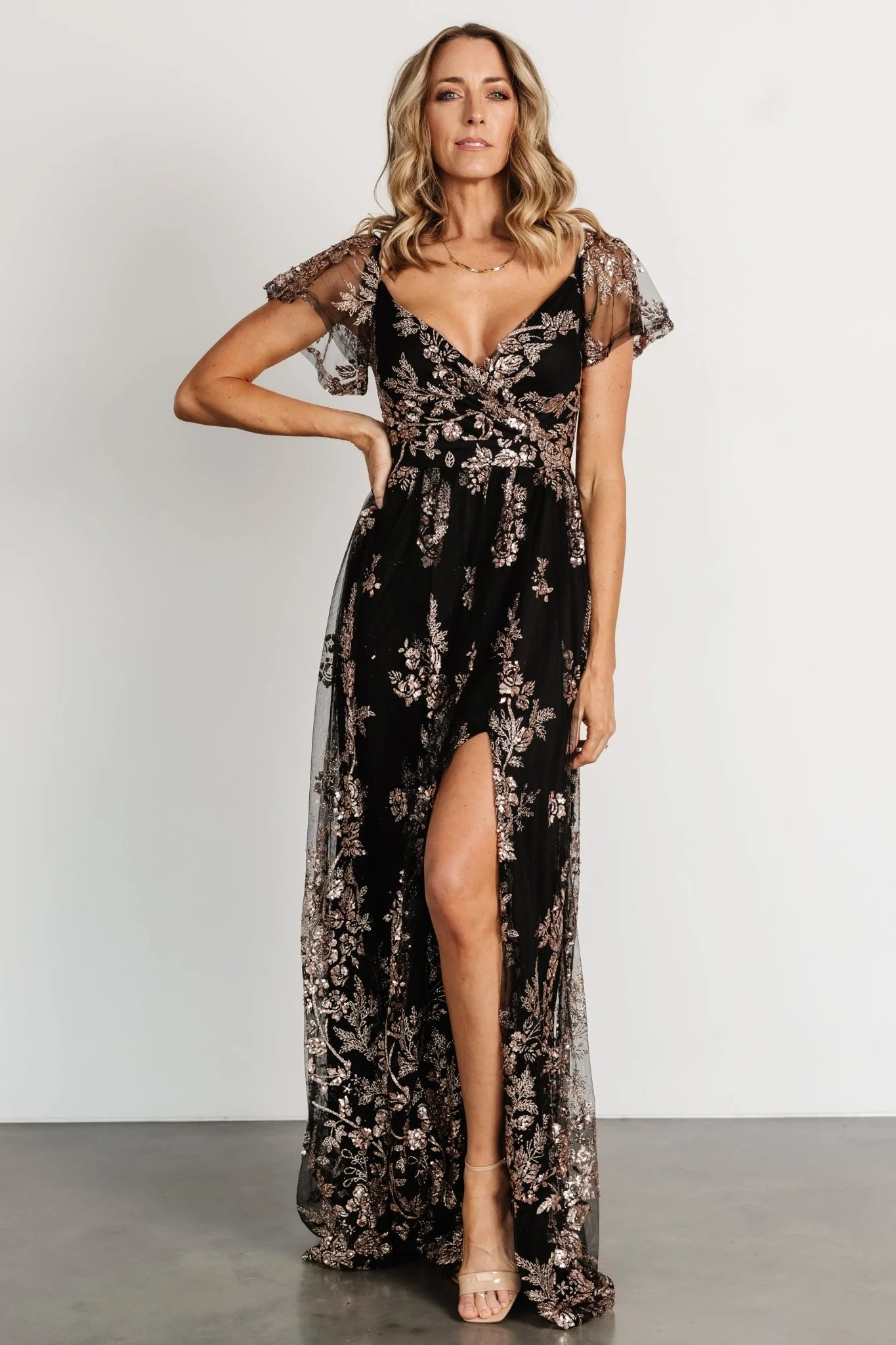 Corinne Shimmer Maxi Gown | Black + Rose Gold - Jamouz