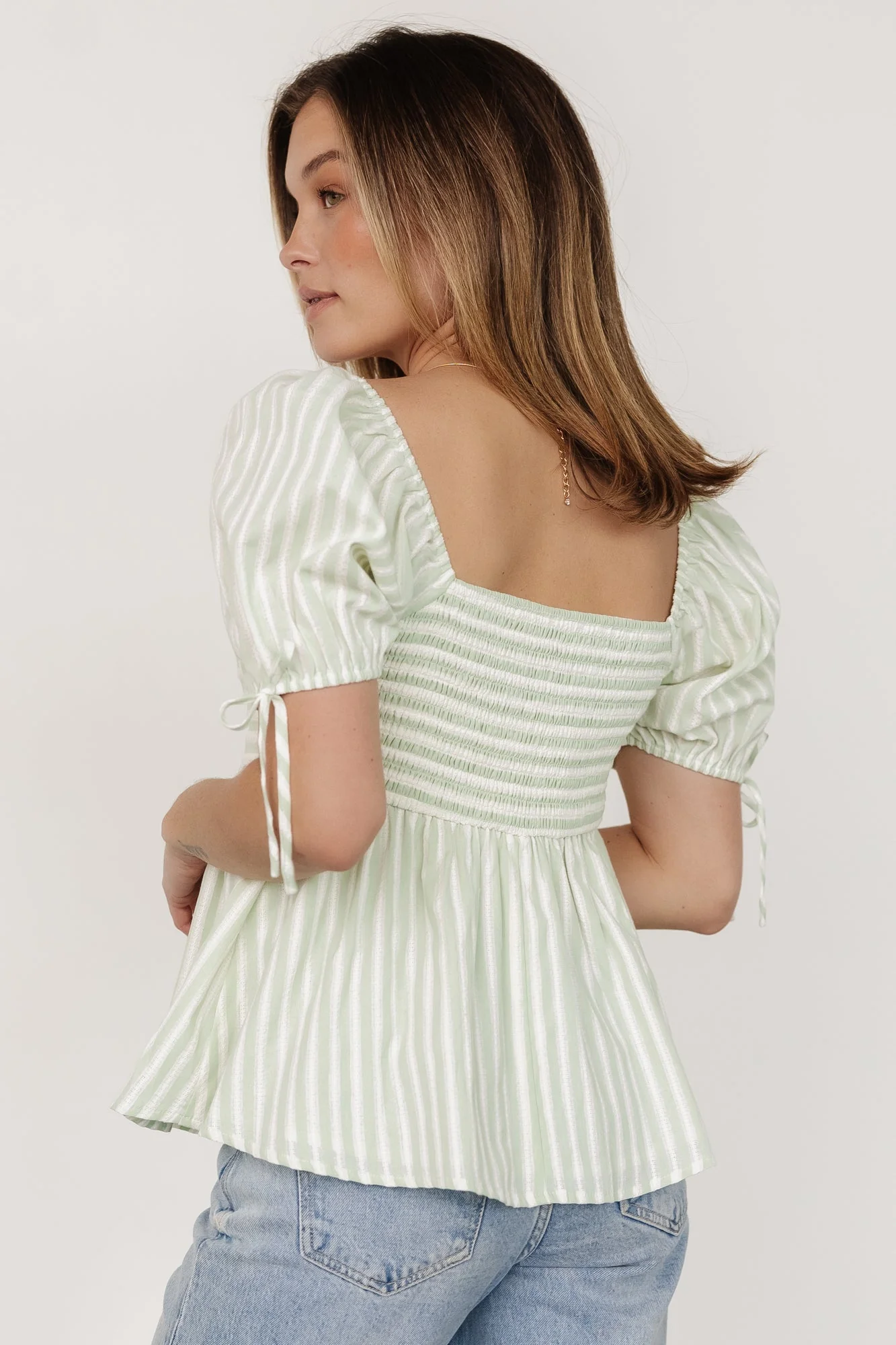 Betsy Peplum Top | Green+ White Stripe - Jamouz