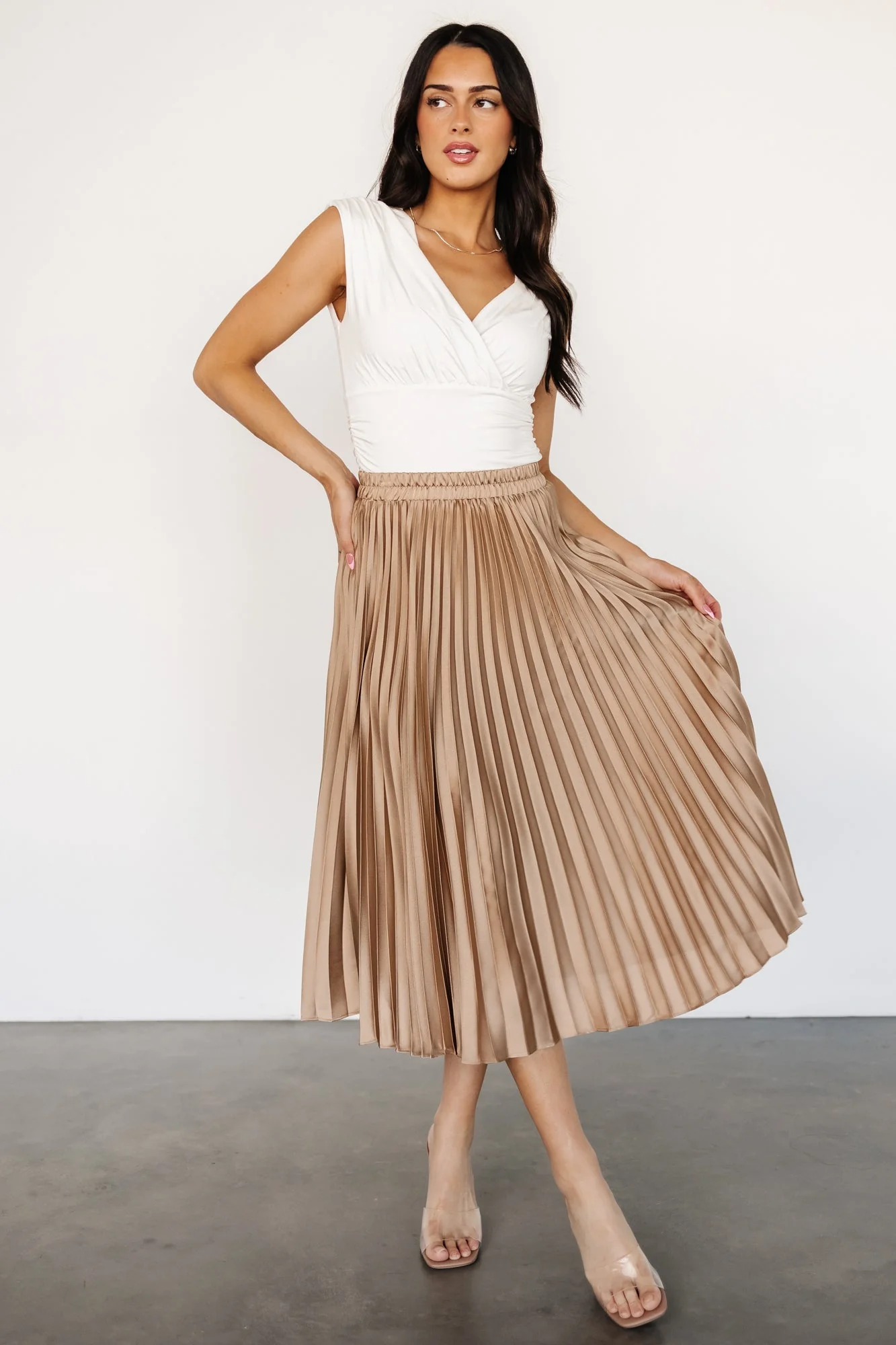 Demetria Pleated Midi Skirt | Light Bronze - Jamouz
