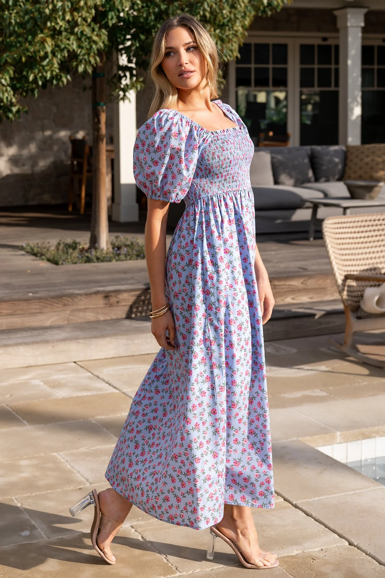 Haddie Smocked Midi Dress | Light Blue + Rose Floral - Jamouz